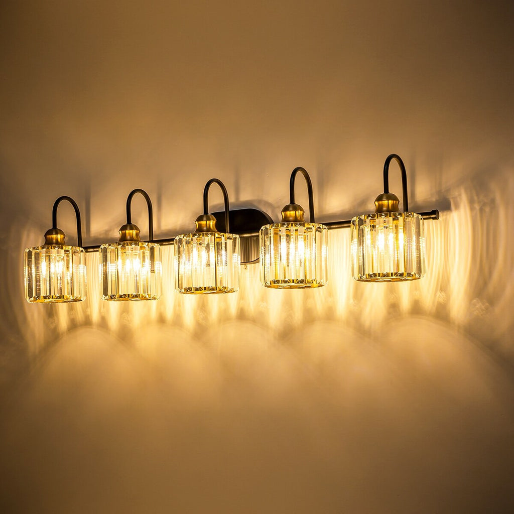 5-Light Glam Linear Dimmable Crystal Bathroom Vanity Lights with Cylinder Crystal Shade