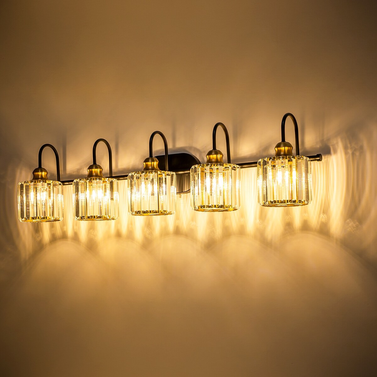 5-Light Glam Linear Dimmable Crystal Bathroom Vanity Lights with Cylinder Crystal Shade