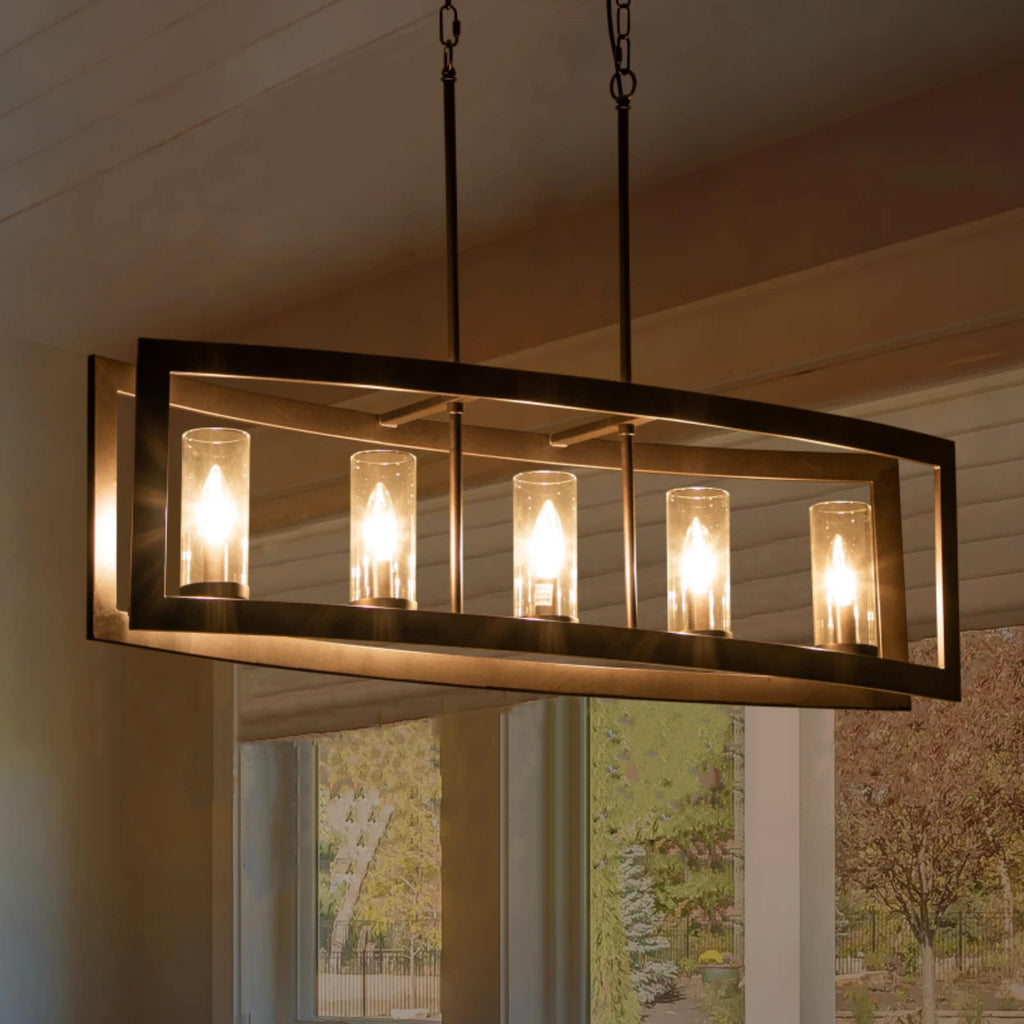 5-Light Modern Industrial Linear Chandelier for Dining Room Farmhouse Cylinder Clear Glass Chandelier Kitchen Island Lights