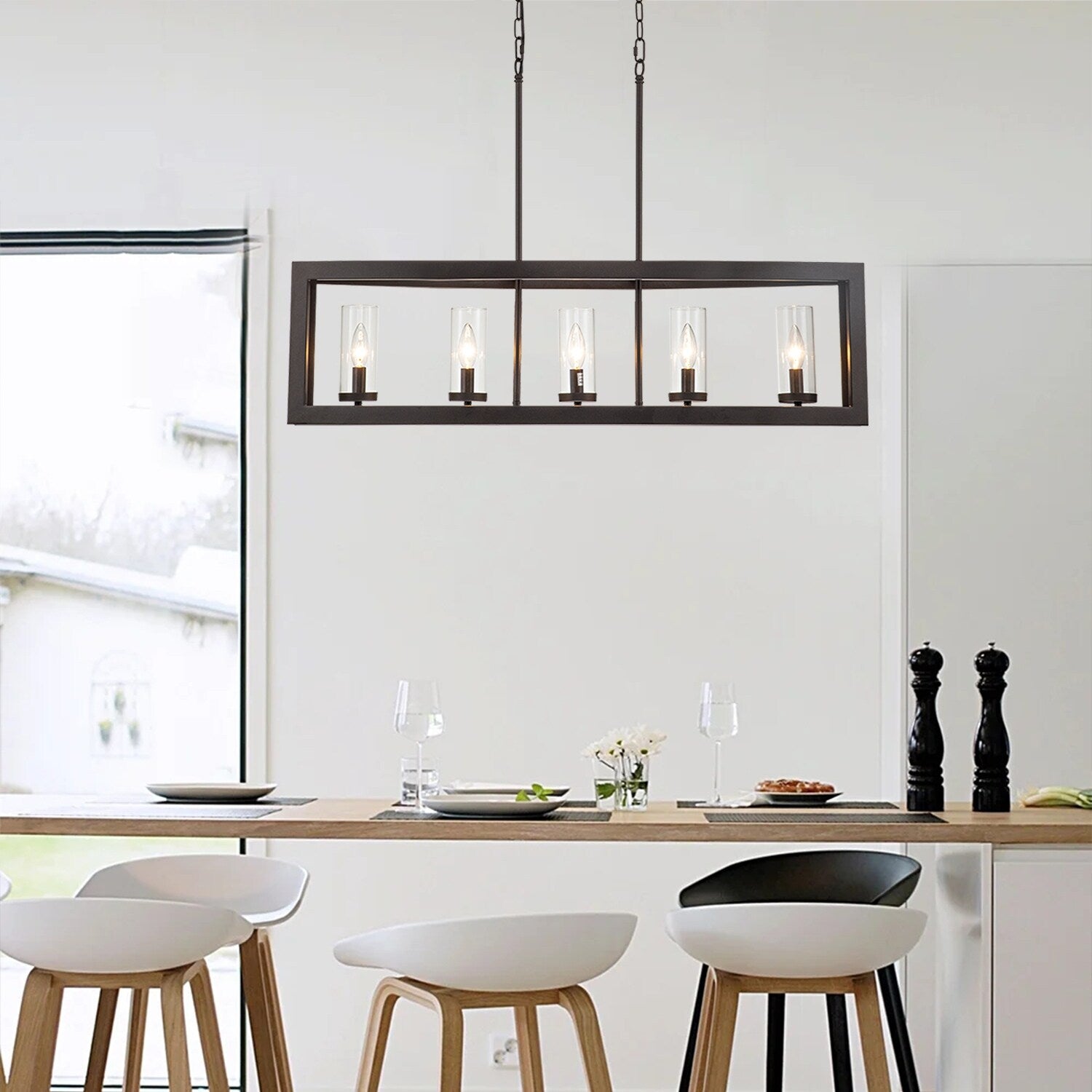 5-Light Modern Industrial Linear Chandelier for Dining Room Farmhouse Cylinder Clear Glass Chandelier Kitchen Island Lights