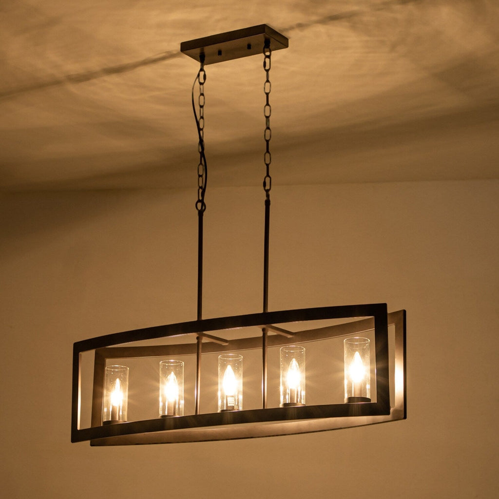 5-Light Modern Industrial Linear Chandelier for Dining Room Farmhouse Cylinder Clear Glass Chandelier Kitchen Island Lights