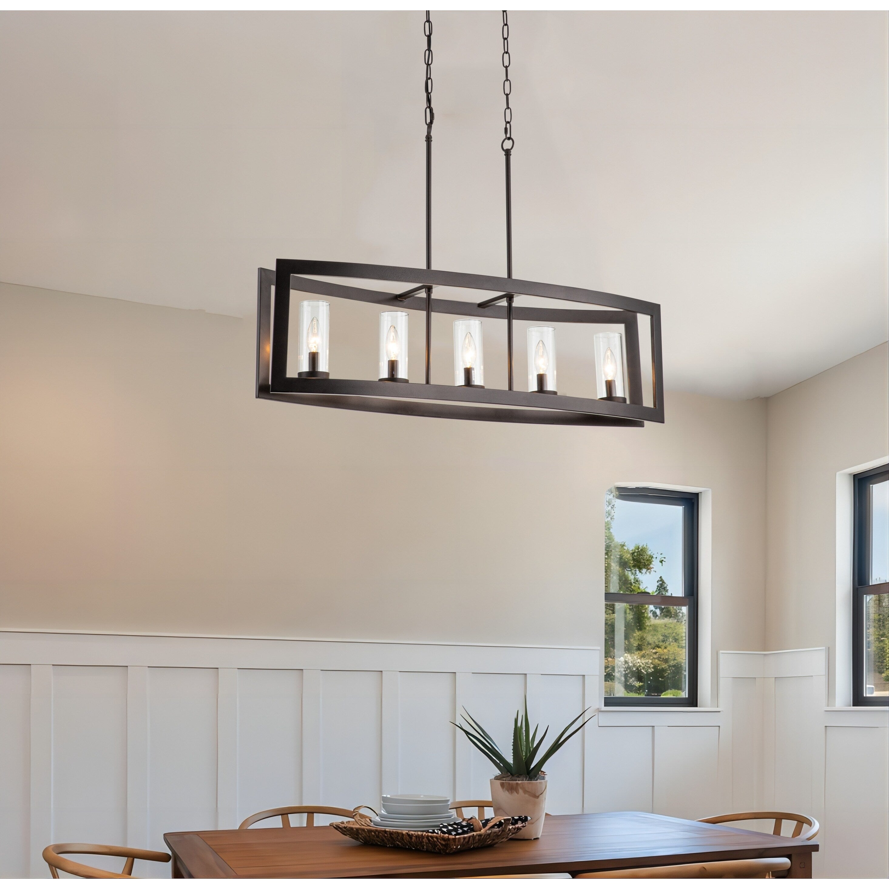 5-Light Modern Industrial Linear Chandelier for Dining Room Farmhouse Cylinder Clear Glass Chandelier Kitchen Island Lights