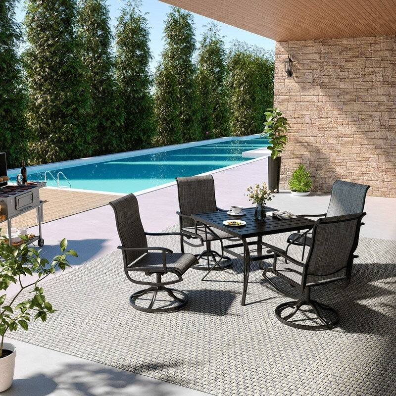 5-Piece Metal Outdoor Patio Dining Set with Square Table and Textilene Swivel Chairs