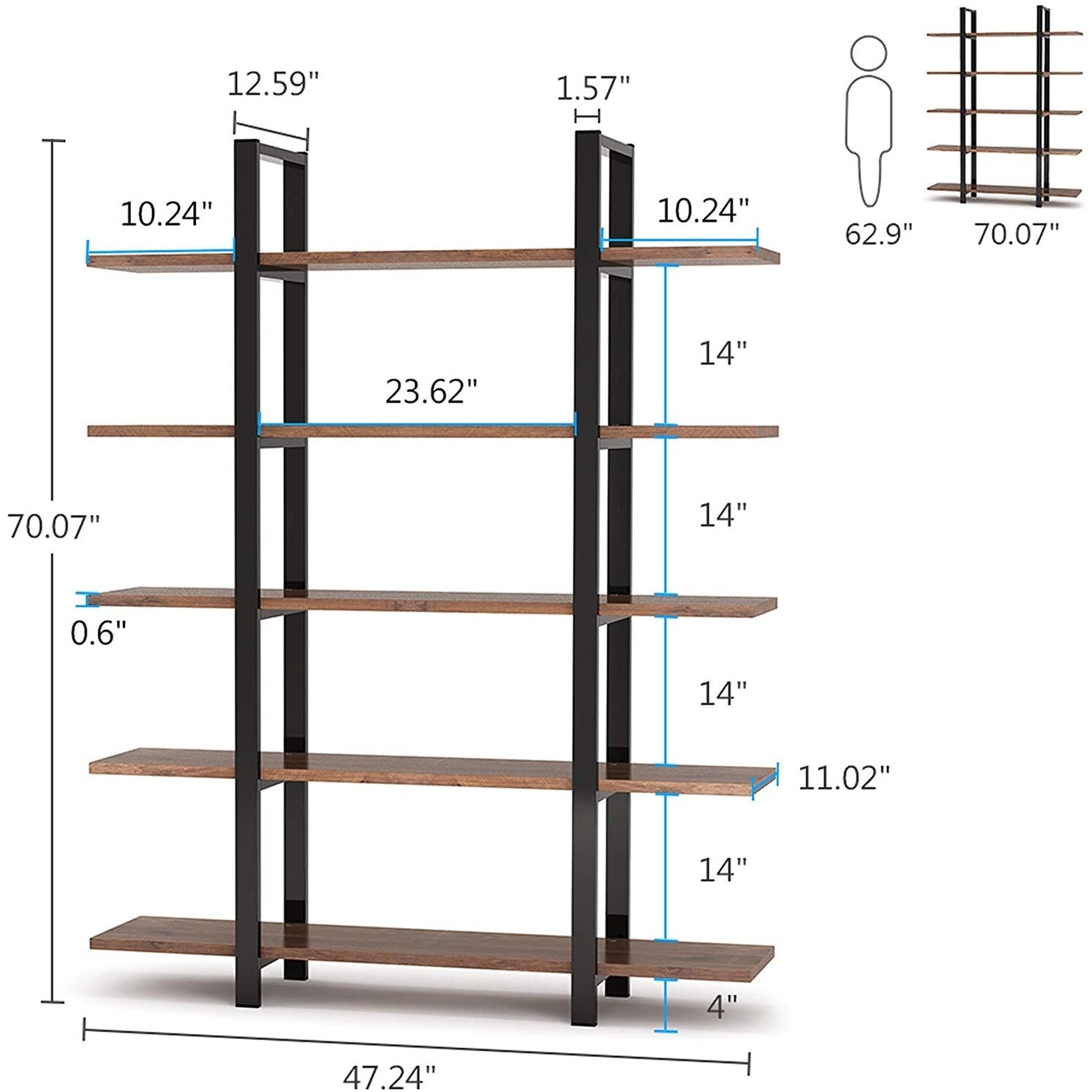 5-Tier Bookshelf, Vintage Industrial Style Bookcase