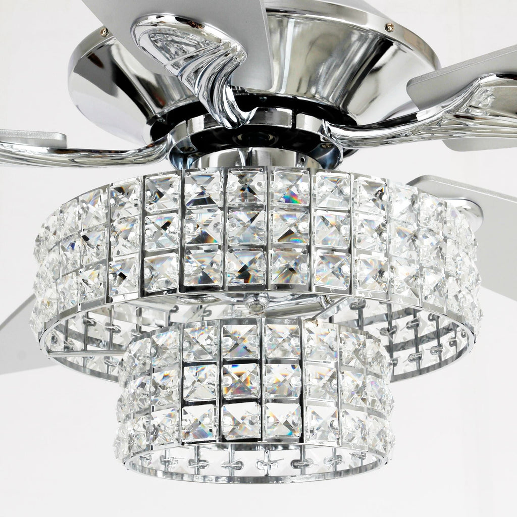 52-inch Chrome Wooden 5-blade Modern Crystal Ceiling Fan with Remote