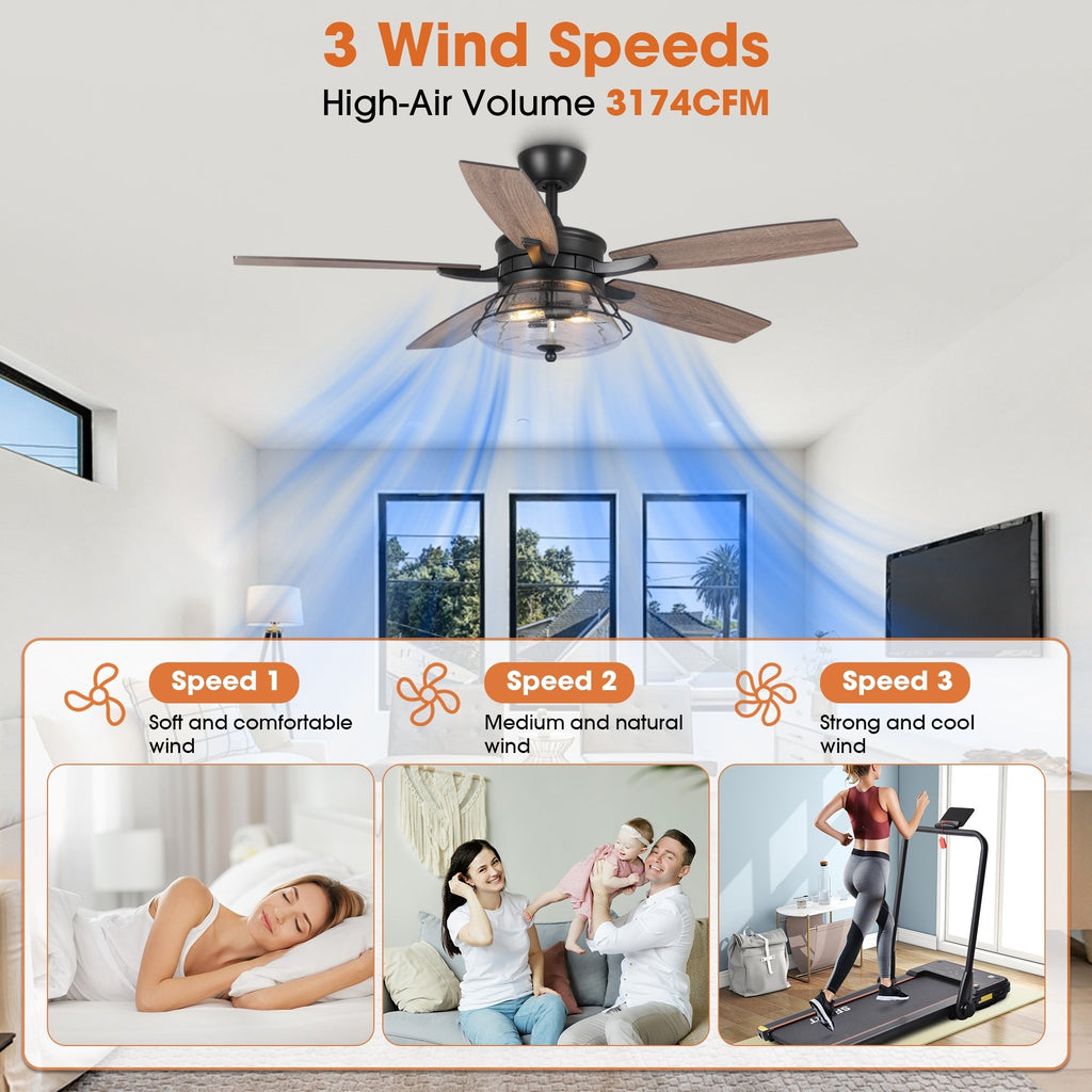 52 Industrial Seeded Glass Black Decorative Ceiling Fan with Remote and Light Kit