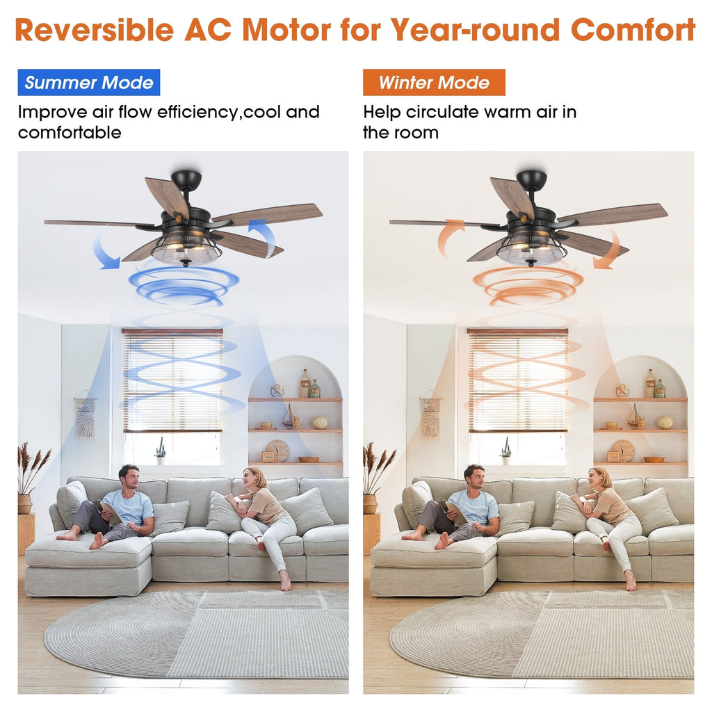 52 Industrial Seeded Glass Black Decorative Ceiling Fan with Remote and Light Kit