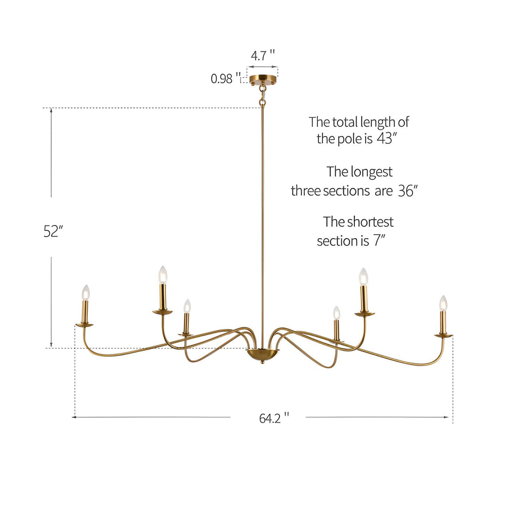6 Light 64 Inches Minimalist Chandelier in Matte Black / Gold /Chrome - N/A