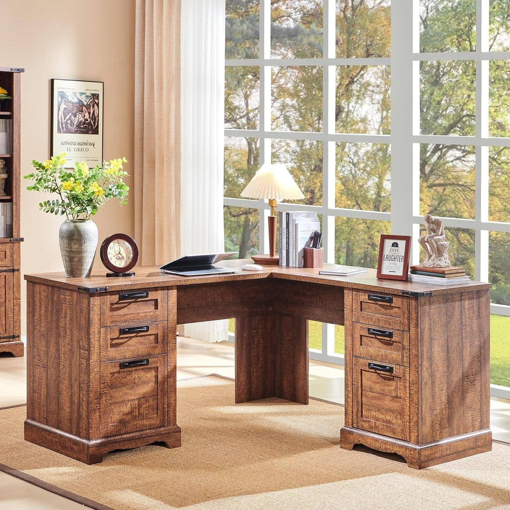 60 Farmhouse L Shaped Executive Desk, Wood Corner Desk, Computer Desk