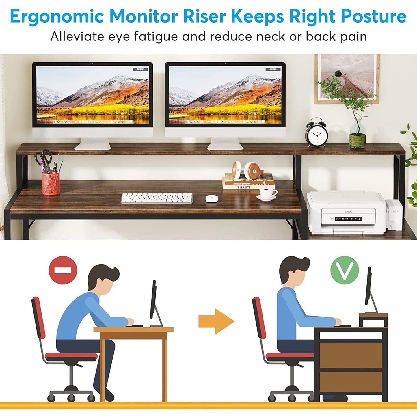 63 Computer Desk with Monitor Stand, Ergonomic Home Office Desks with Drawers File Cabinet