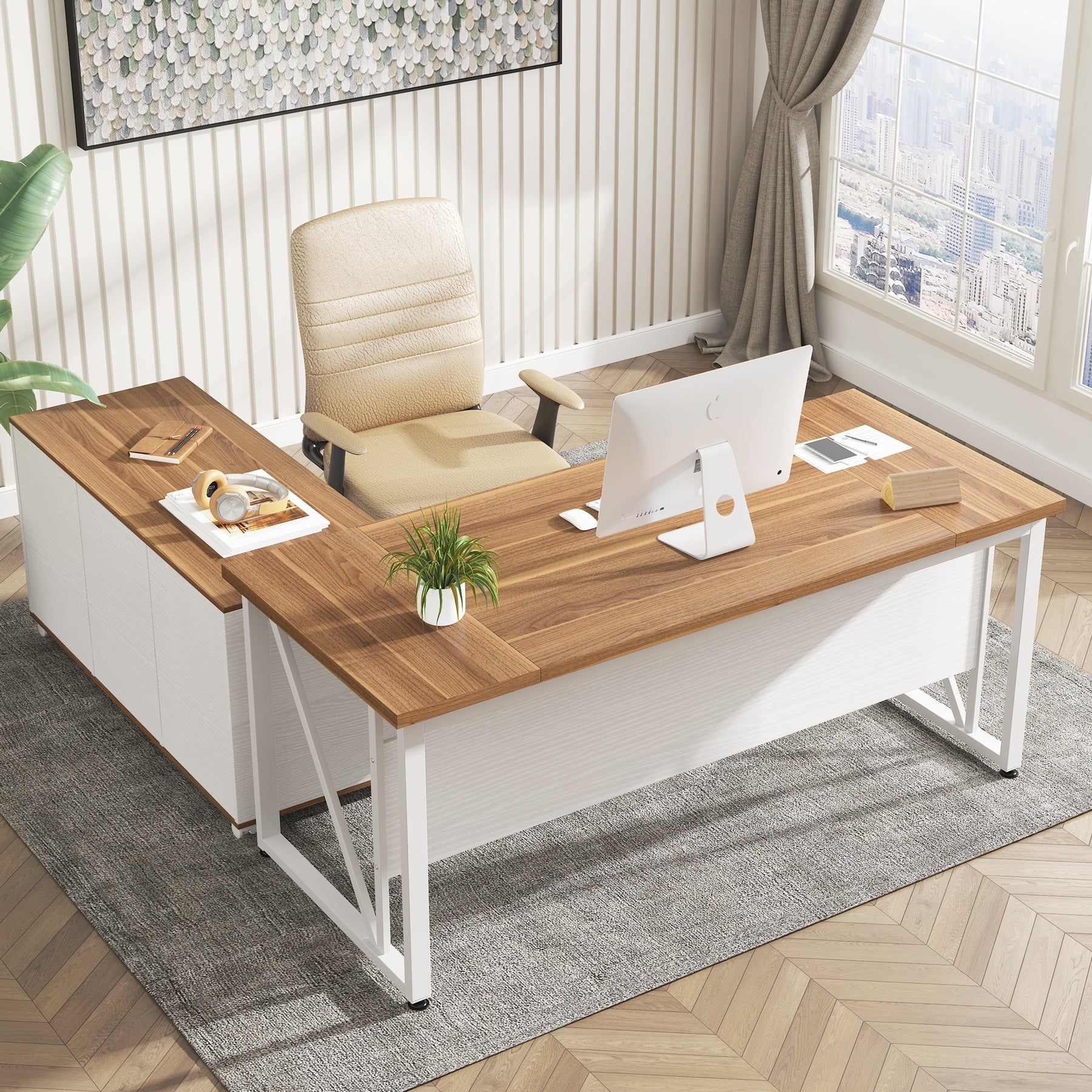 63 L-Shaped Computer Desk with 47 inches Lateral File Cabinet, Executive Desk Home Office Furniture Desk Set
