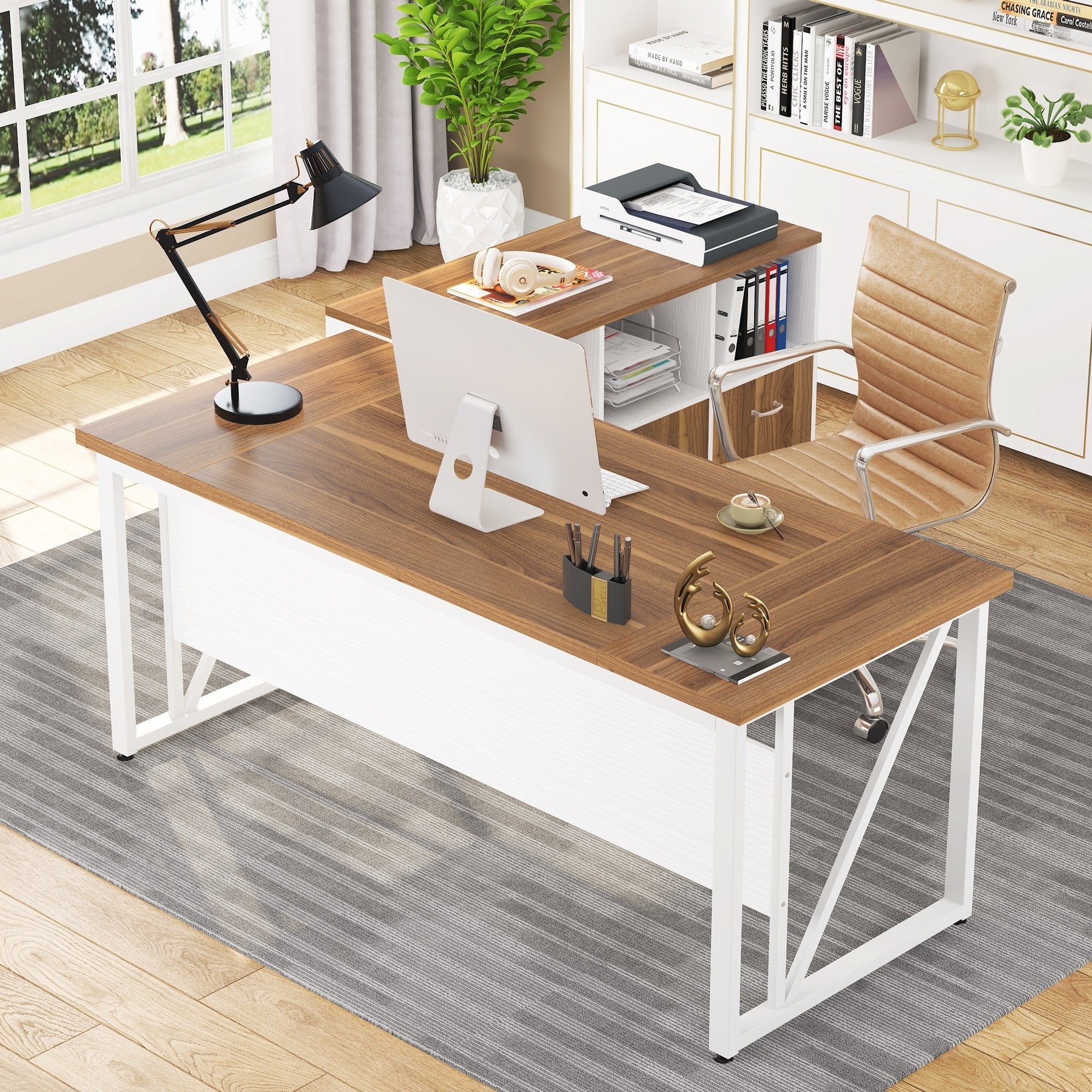 63 L-Shaped Computer Desk with 47 inches Lateral File Cabinet, Executive Desk Home Office Furniture Desk Set