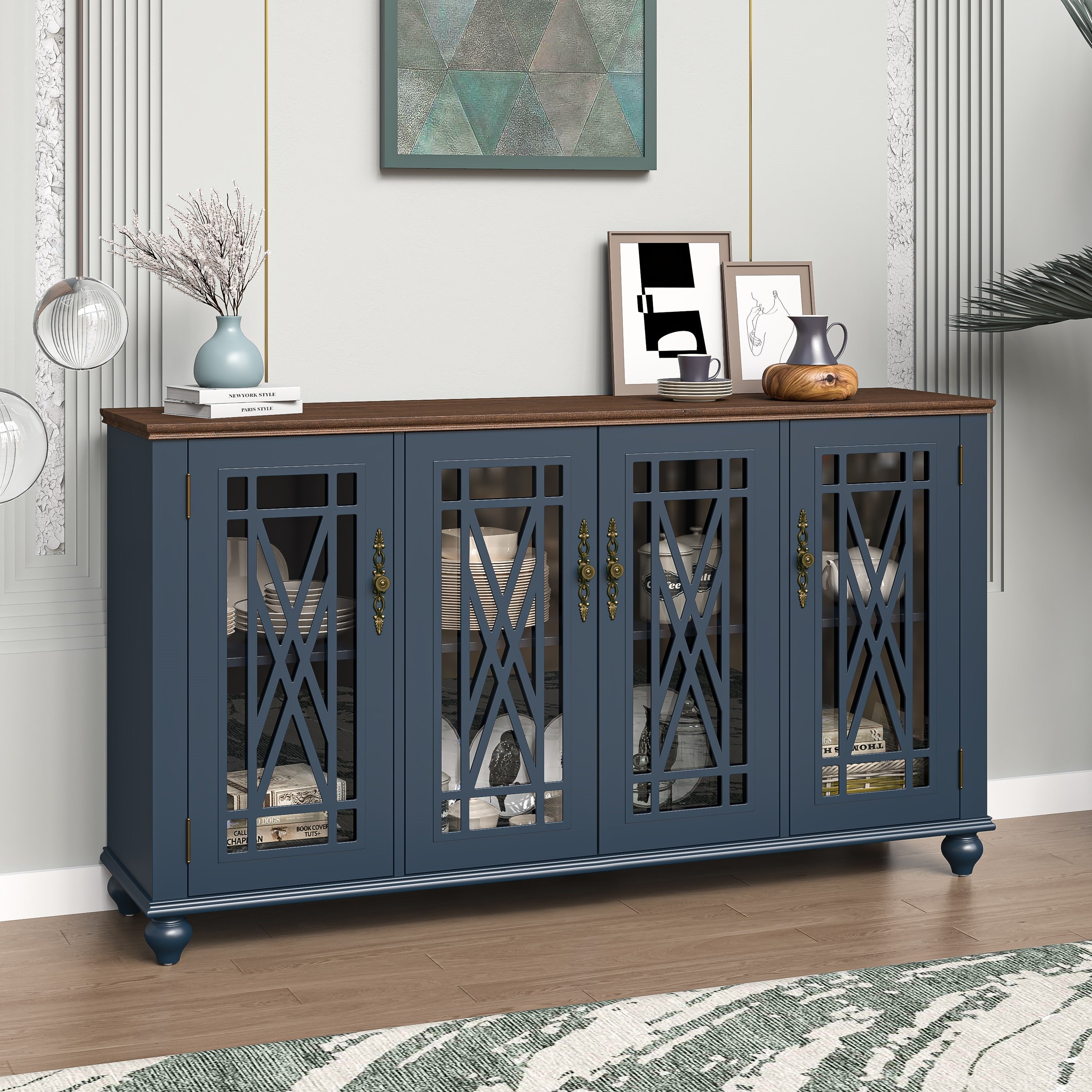63 Vintage Style Wood Kitchen Accent Buffet Sideboard Cabinet - 63 in Width