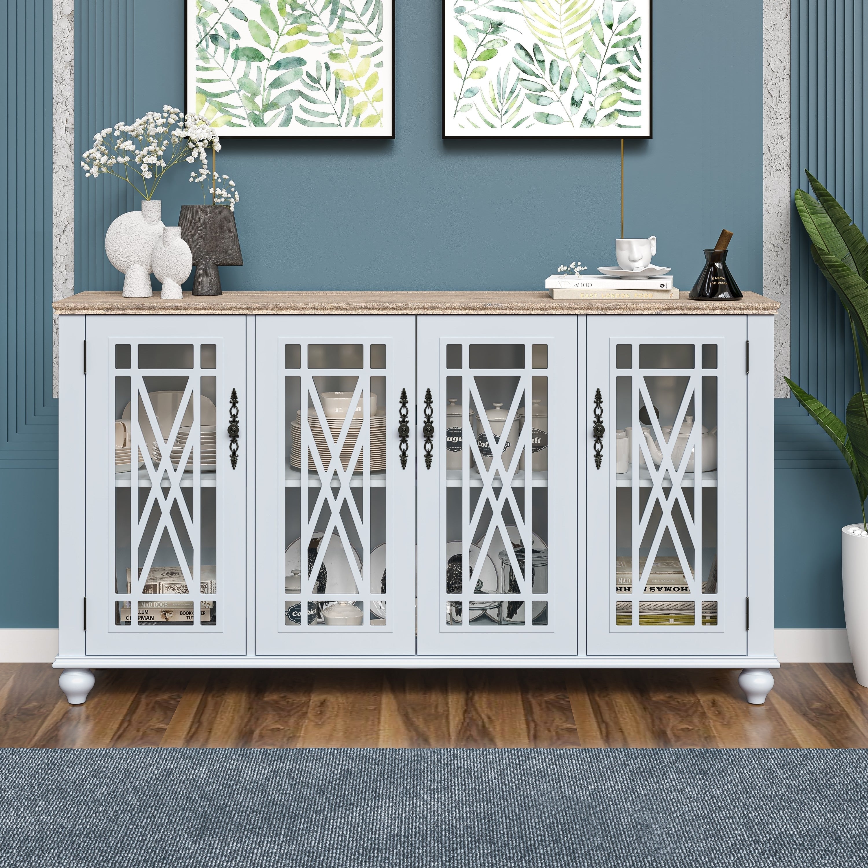 63 Vintage Style Wood Kitchen Accent Buffet Sideboard Cabinet - 63 in Width