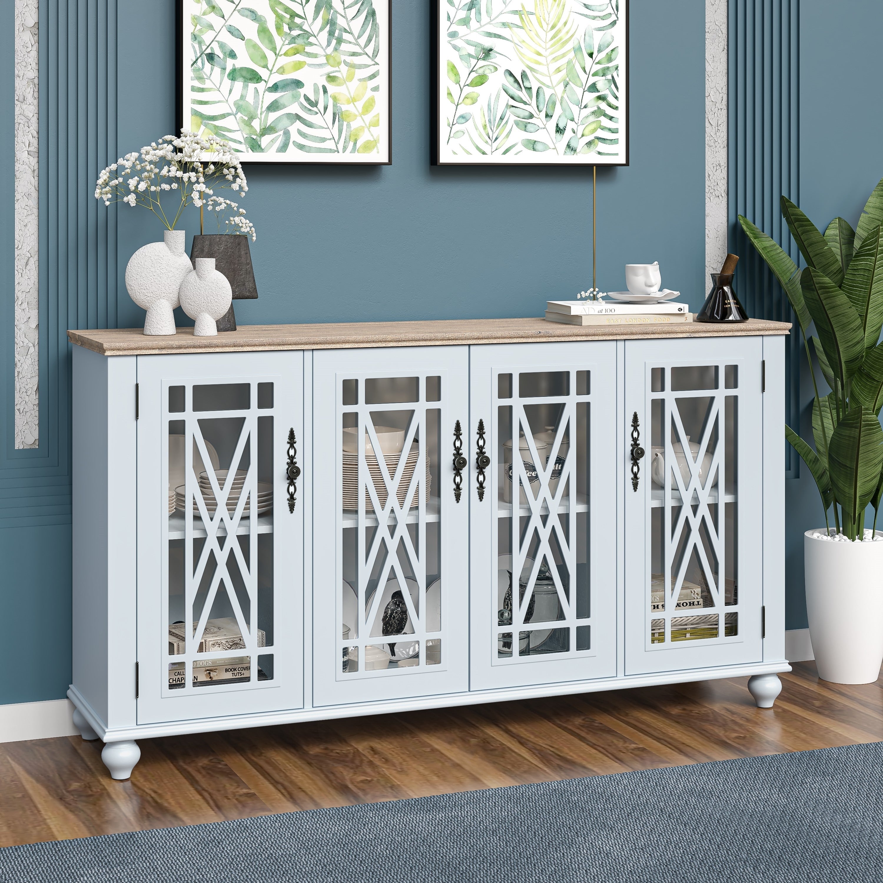 63 Vintage Style Wood Kitchen Accent Buffet Sideboard Cabinet - 63 in Width