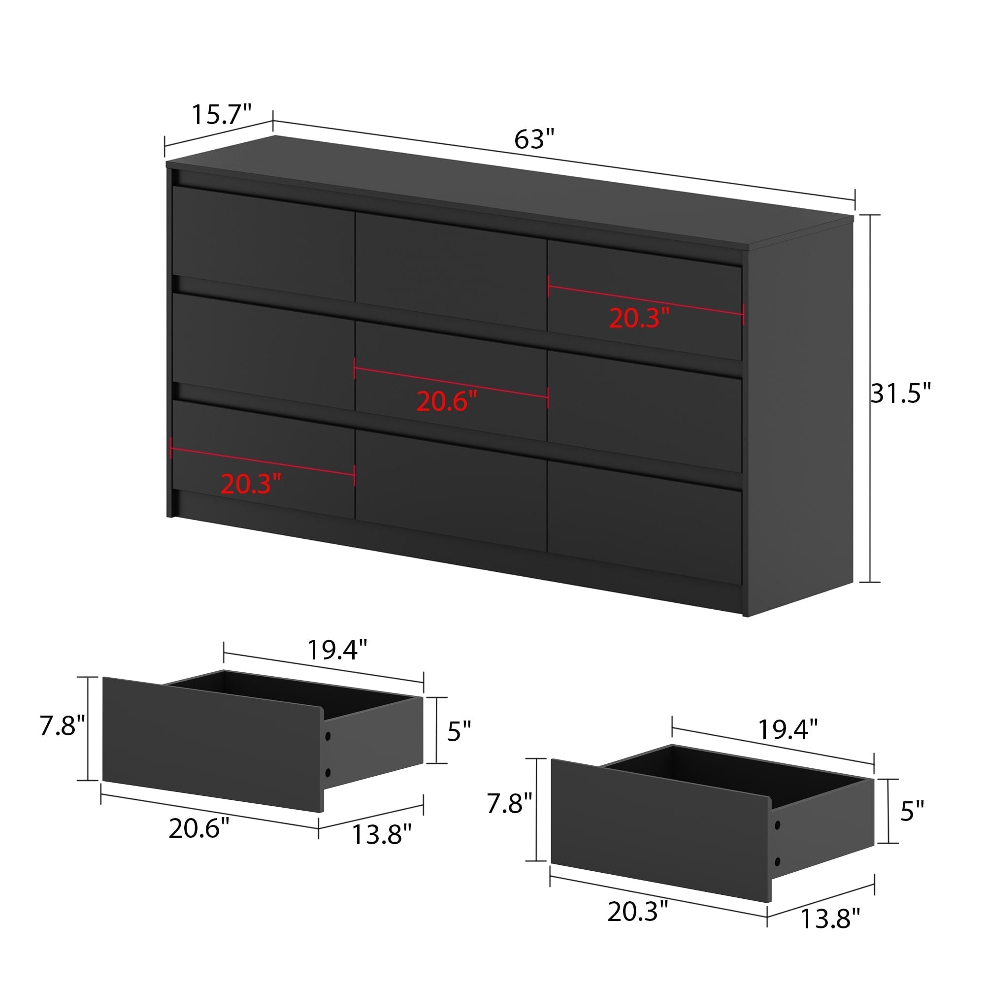 63W 9 Drawer Dresser Accent Dresser for Living Room Bedroom Chest