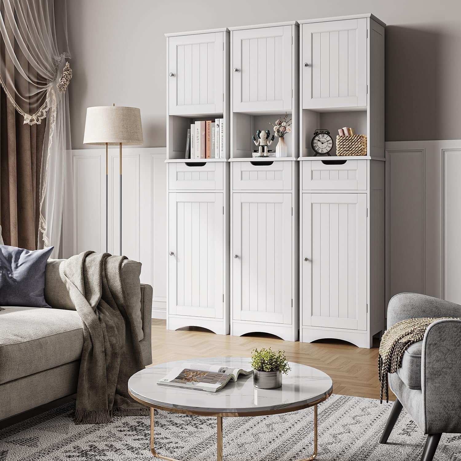 67'' Tall Bathroom Narrow Linen Cabinet, 5 Tiers Solid Wood Freestanding Storage Cabinet