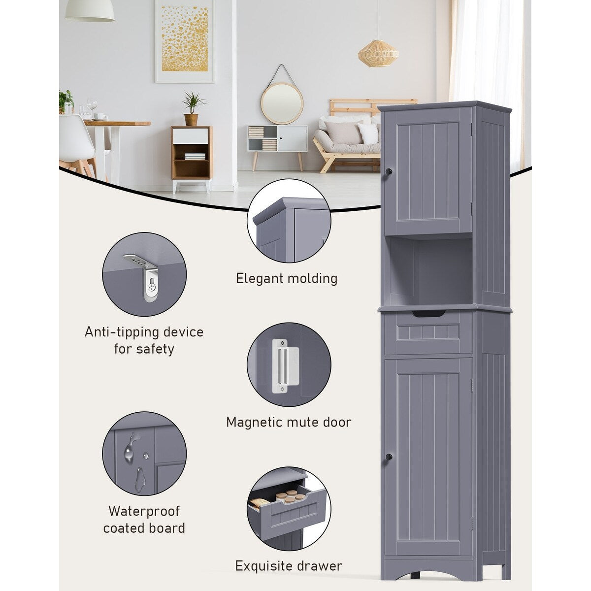 67'' Tall Bathroom Narrow Linen Cabinet, 5 Tiers Solid Wood Freestanding Storage Cabinet