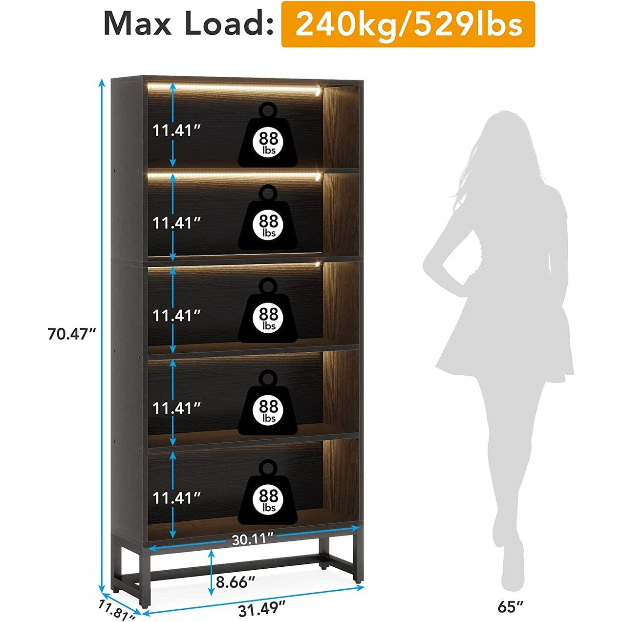 70.8 Inches Tall Bookcase and Bookshelf, 5-Tier Large Bookcases - 11.81D x 31.5W x 70.87H
