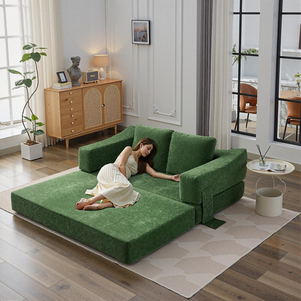 70.87 Upholstered Convertible Sleeper Sofa, Convertible Chair Floor Couch Comfy Sofa for Living Room, Bedroom, Chenille Fabric