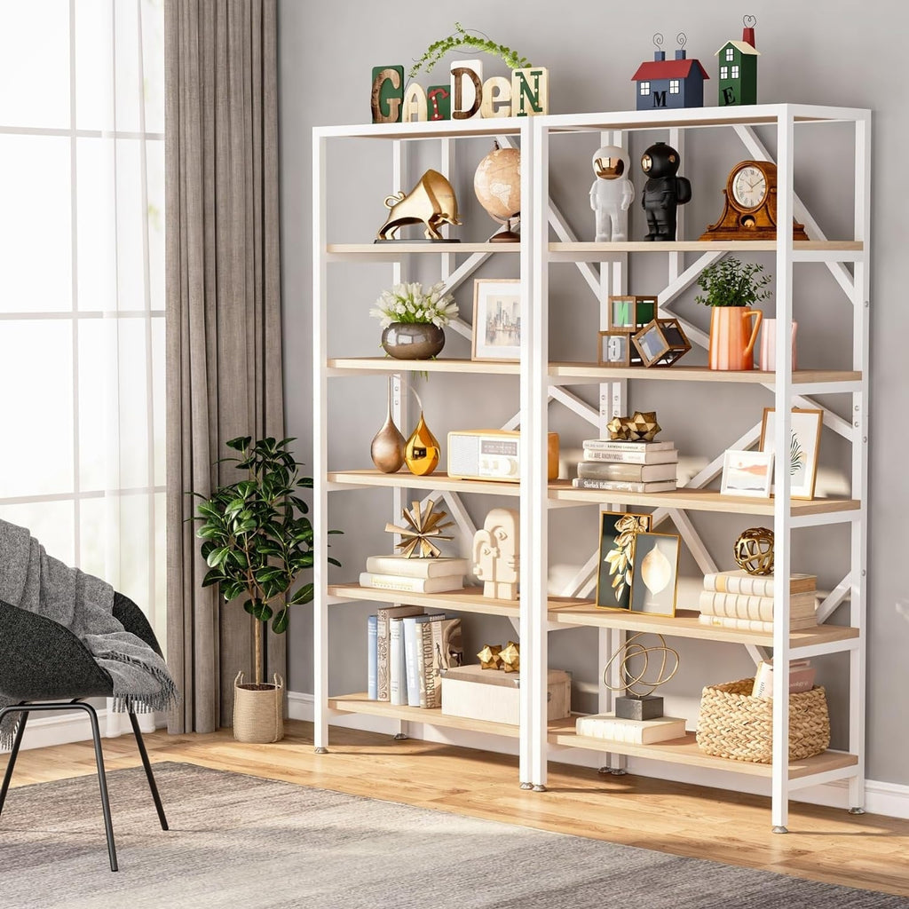 71 Industrial Bookshelf, 6 Tier Rustic Brown Wood Etagere Bookcase, Open Book Shelves