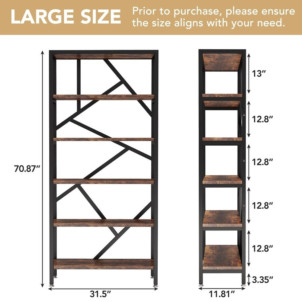 71 Industrial Bookshelf, 6 Tier Rustic Brown Wood Etagere Bookcase, Open Book Shelves