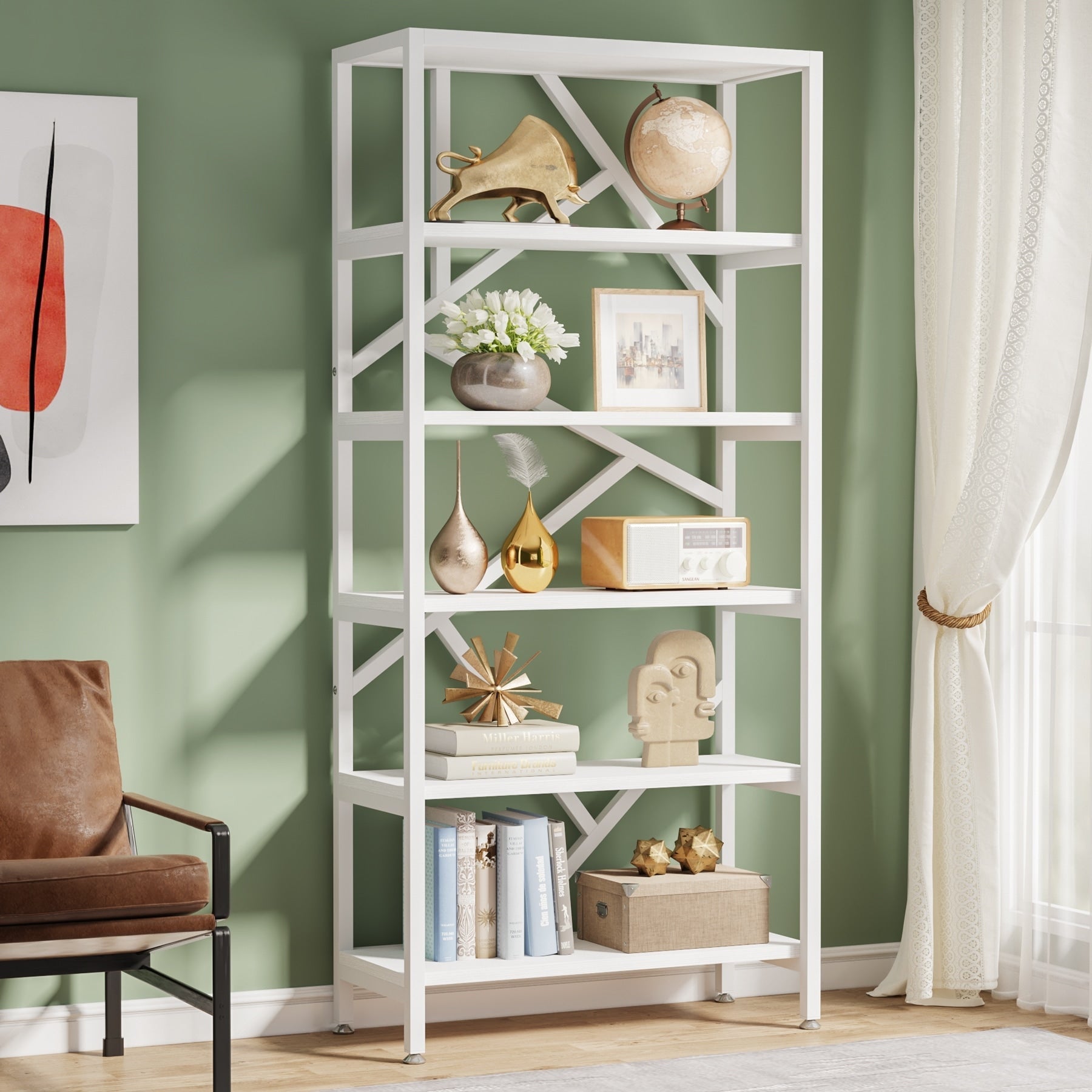 71 Industrial Bookshelf, 6 Tier Rustic Brown Wood Etagere Bookcase, Open Book Shelves