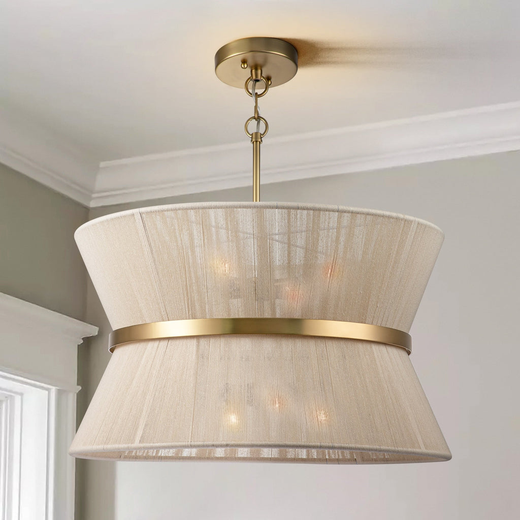 8-Light Modern Boho Large Drum Chandelier 24 inch Fabric Hourglass Hand-woven Chandelier in Gold/ Black for Dining/ Living Room