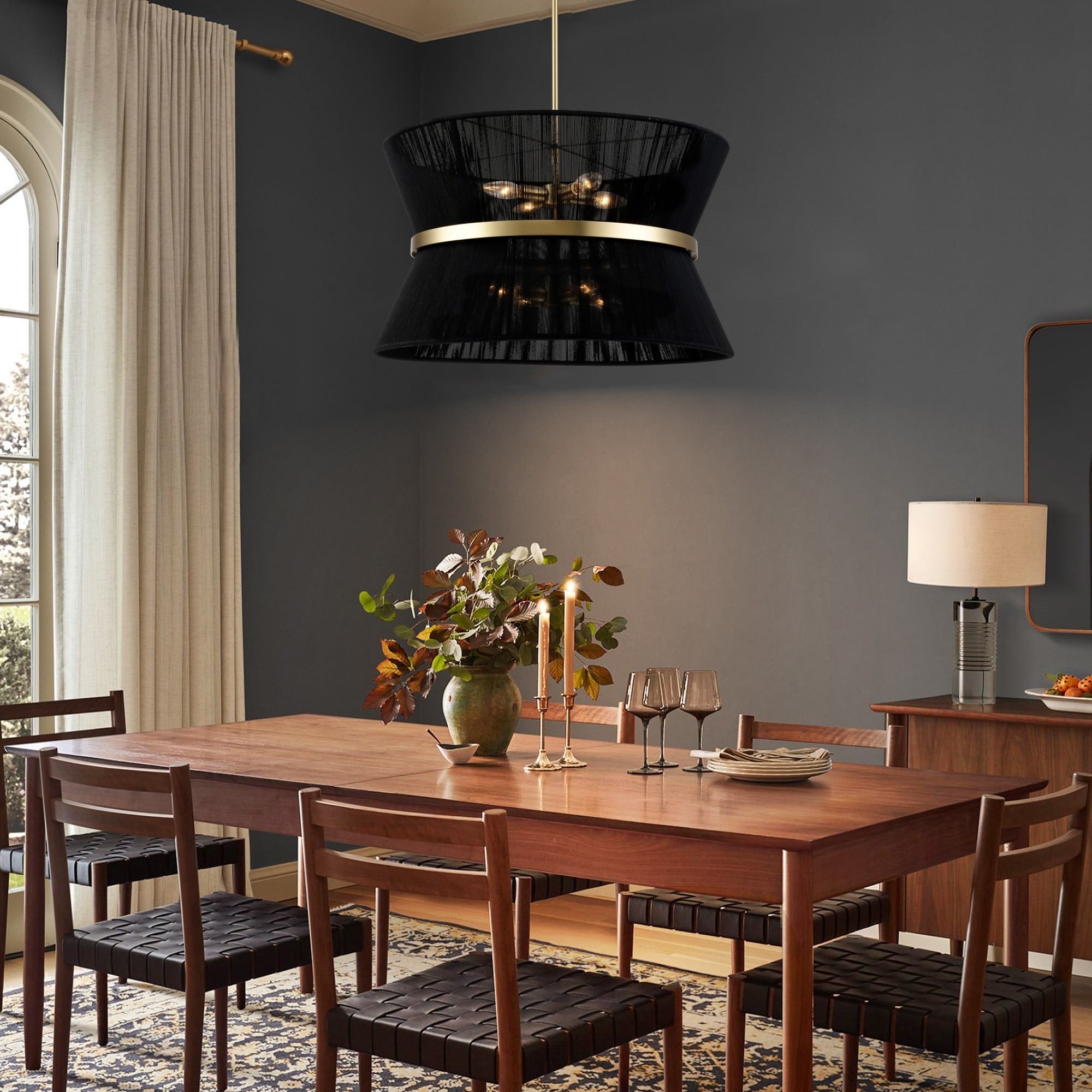 8-Light Modern Boho Large Drum Chandelier 24 inch Fabric Hourglass Hand-woven Chandelier in Gold/ Black for Dining/ Living Room