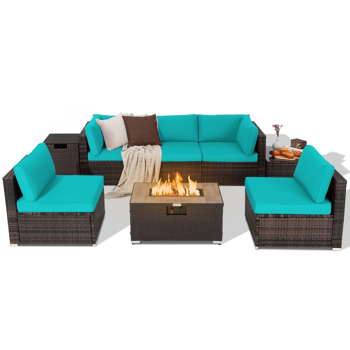 8PCS Patio Rattan Furniture Set Fire Pit Table Tank Holder Cover Deck