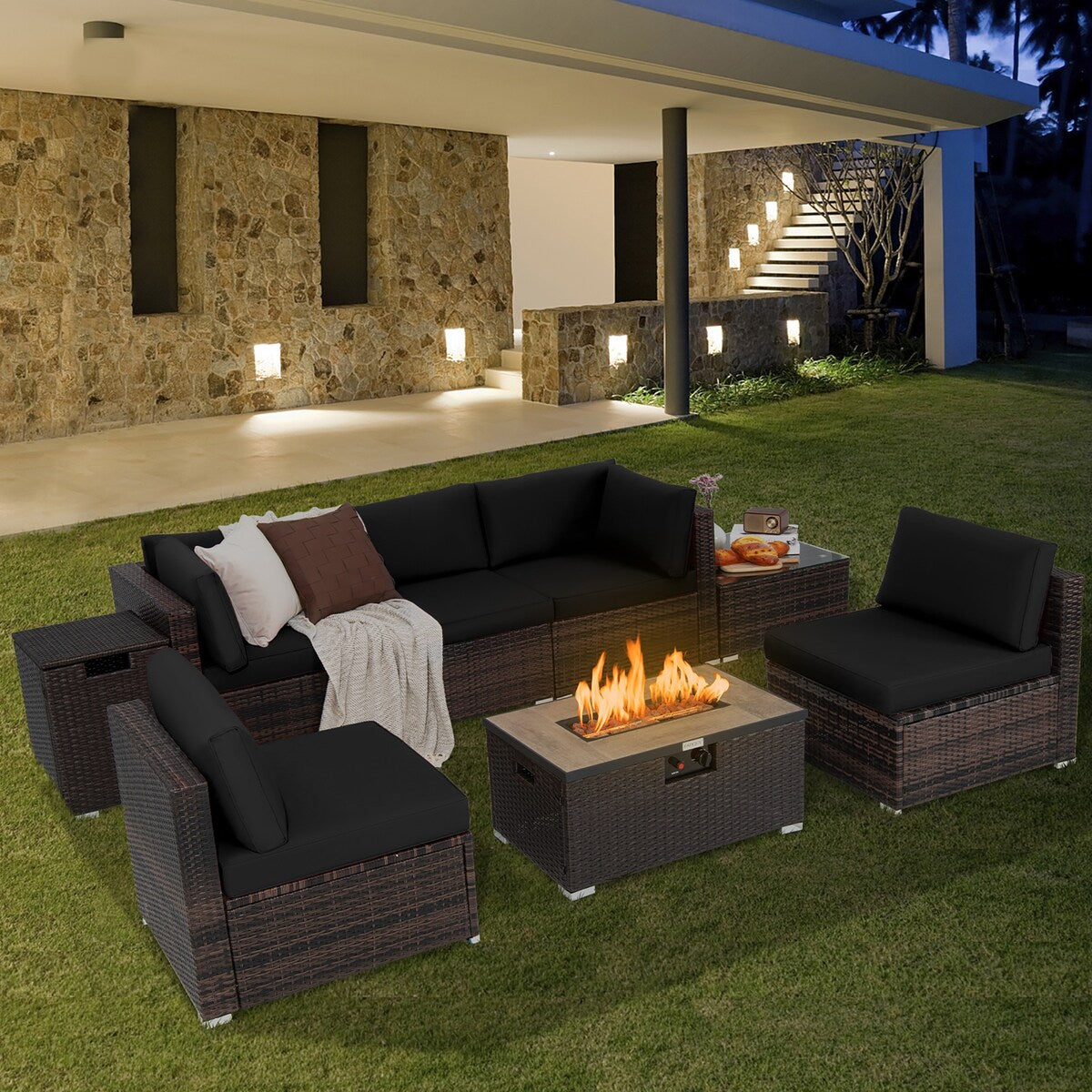 8PCS Patio Rattan Furniture Set Fire Pit Table Tank Holder Cover Deck