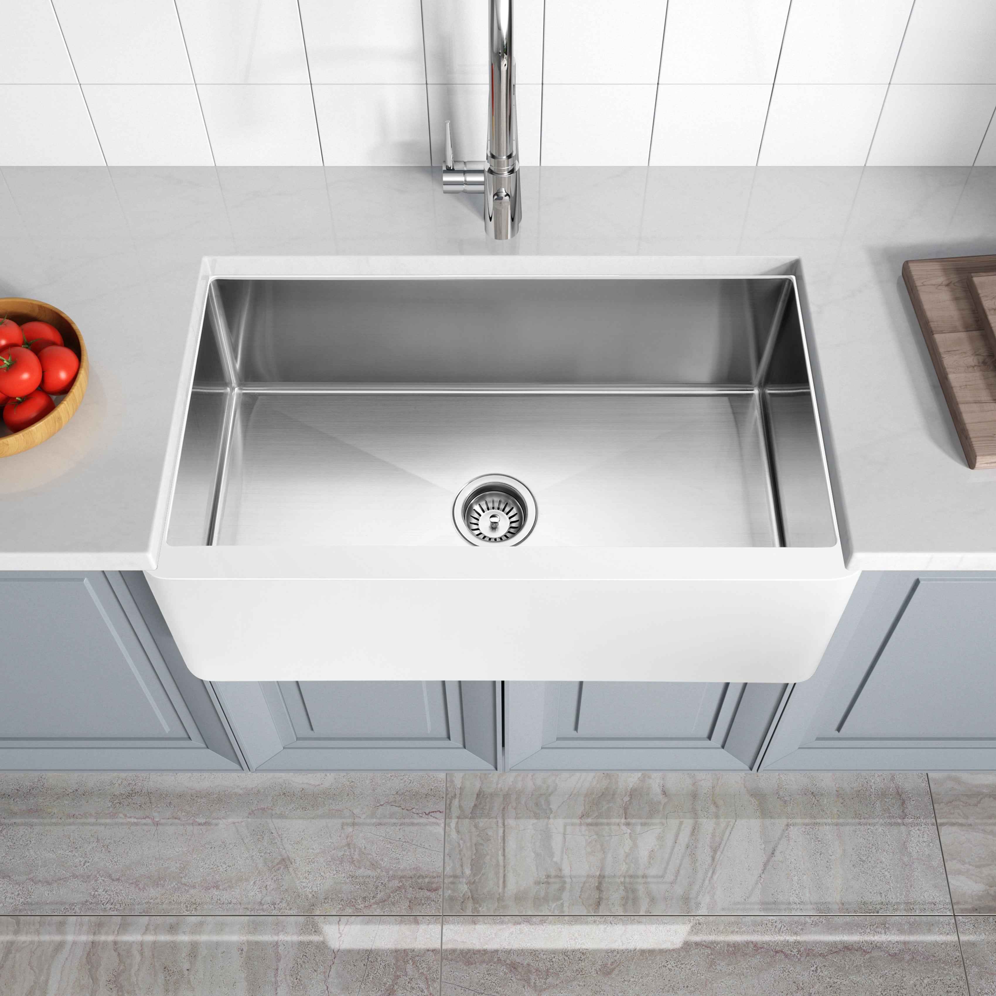 ANZZI Apollo Matte White Solid Surface Farmhouse 36 in. Single Bowl Kitchen Sink with Stainless Steel Interior