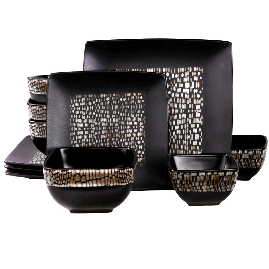 Abstract Square Double Bowl Black Stoneware Dinnerware Set 16 Pieces