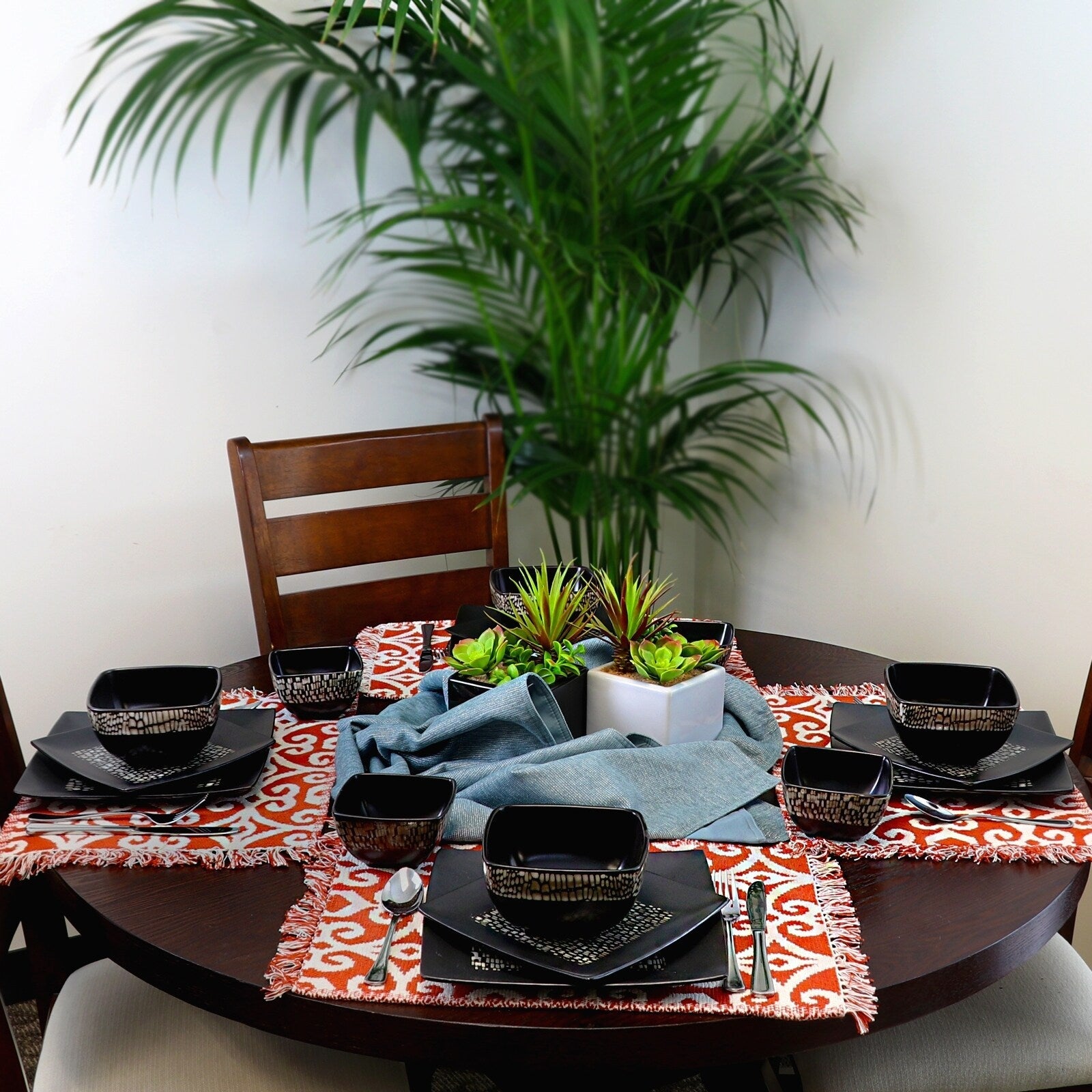 Abstract Square Double Bowl Black Stoneware Dinnerware Set 16 Pieces