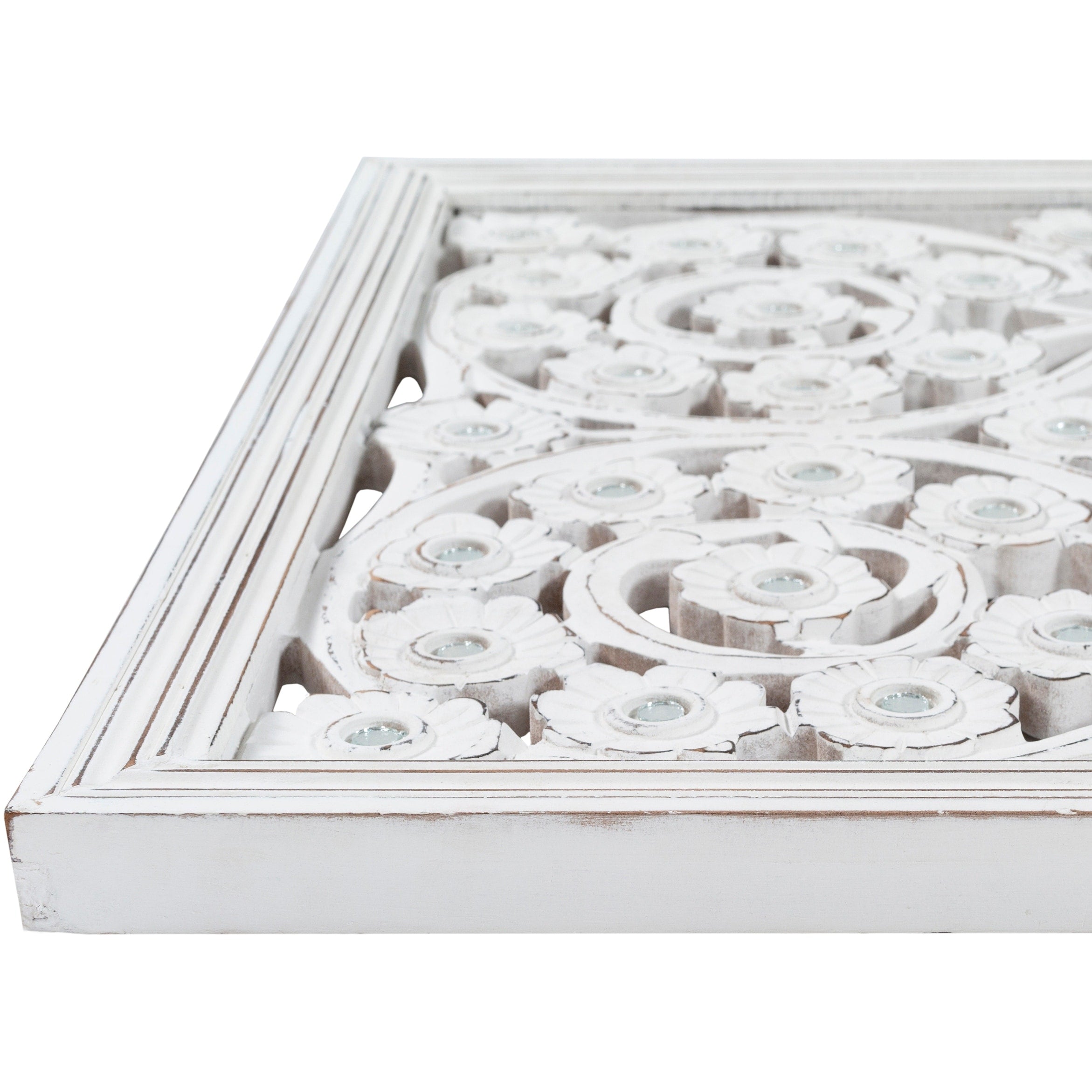 Allen White Washed Hand Carved 48x28-inch Wall Panel with Mirror Inlay