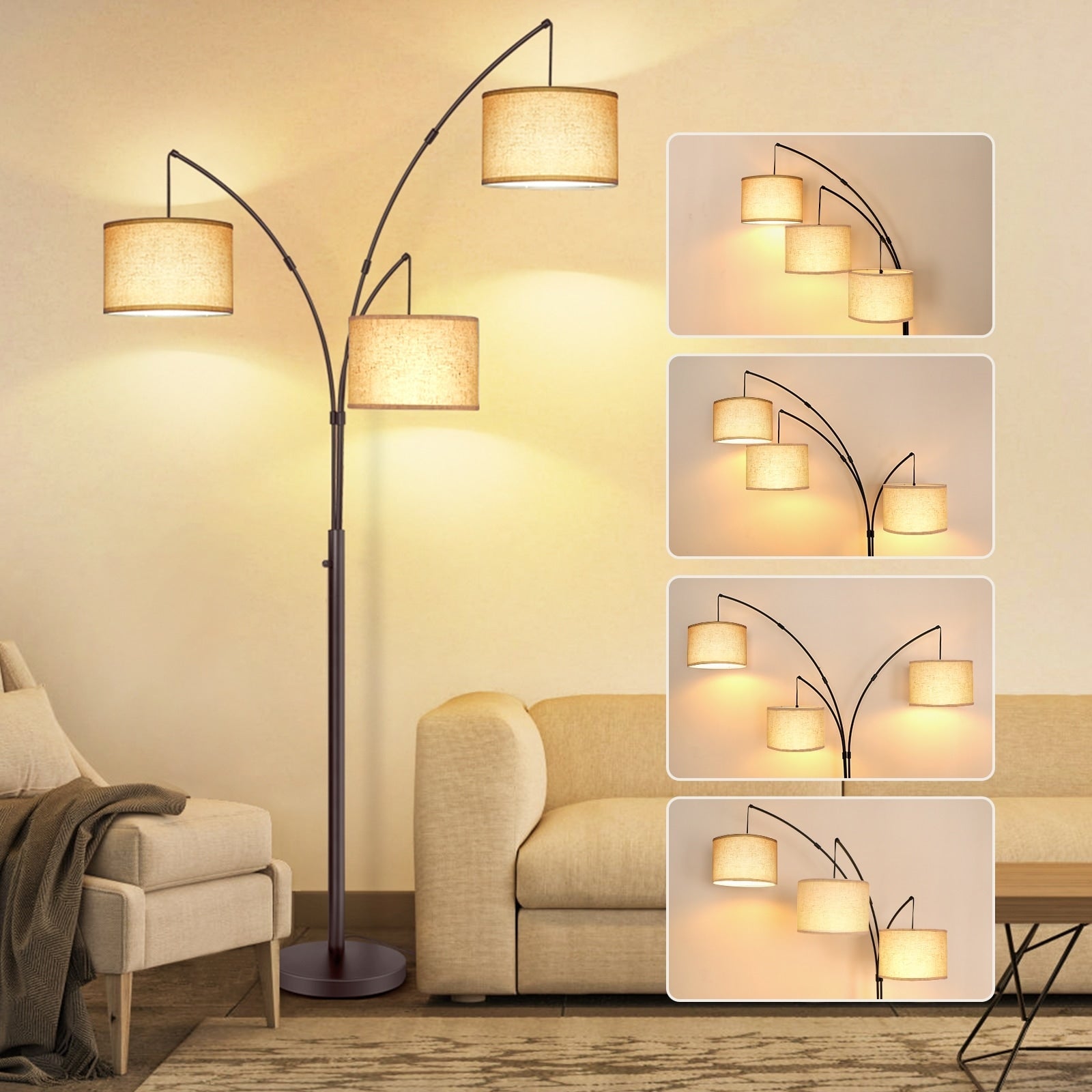 Arc LED Floor Lamp Dimmable Modern Black 3 Light Arched Tall Floor Lamp