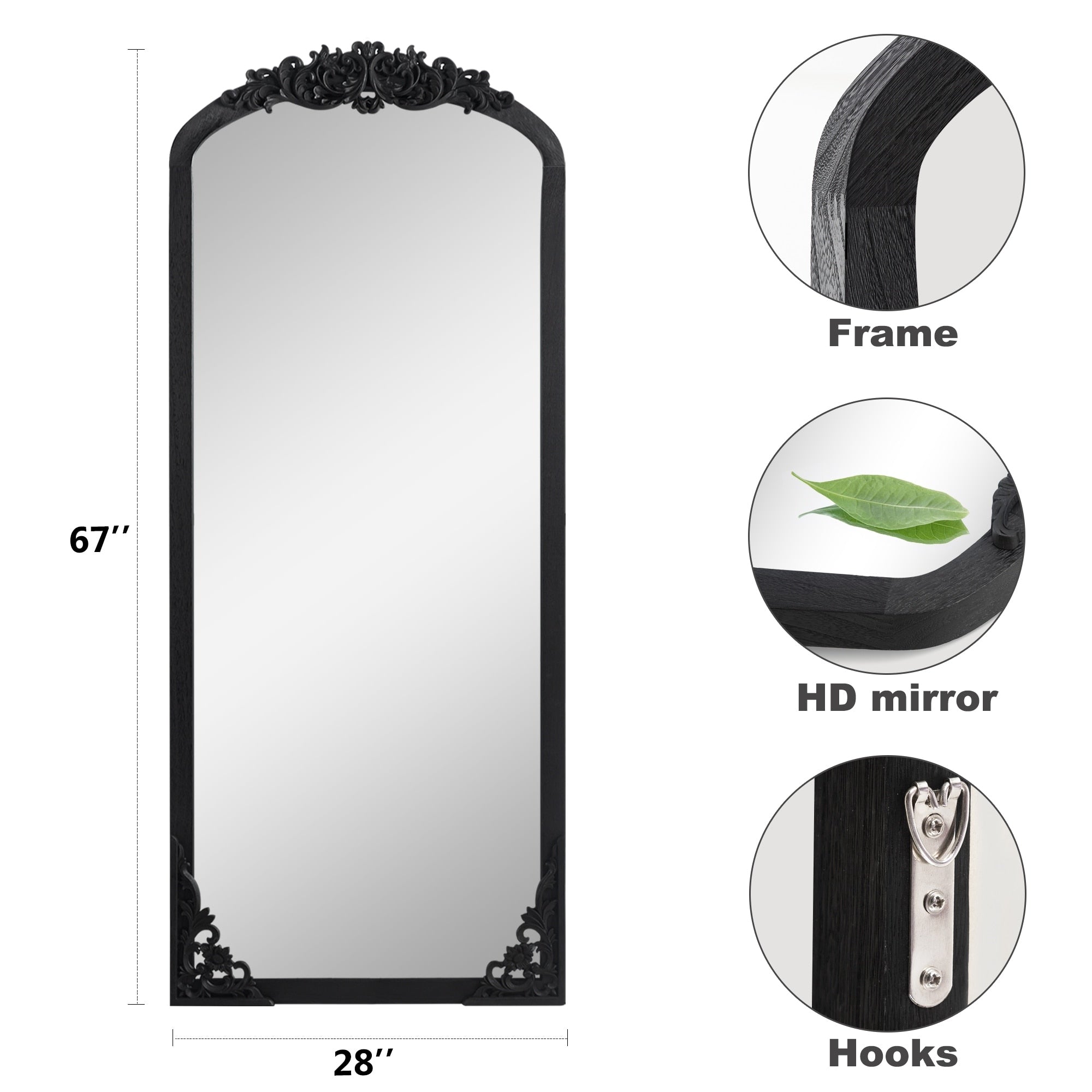 Arched Full-Length Solid Wood Carving Floor Mirror