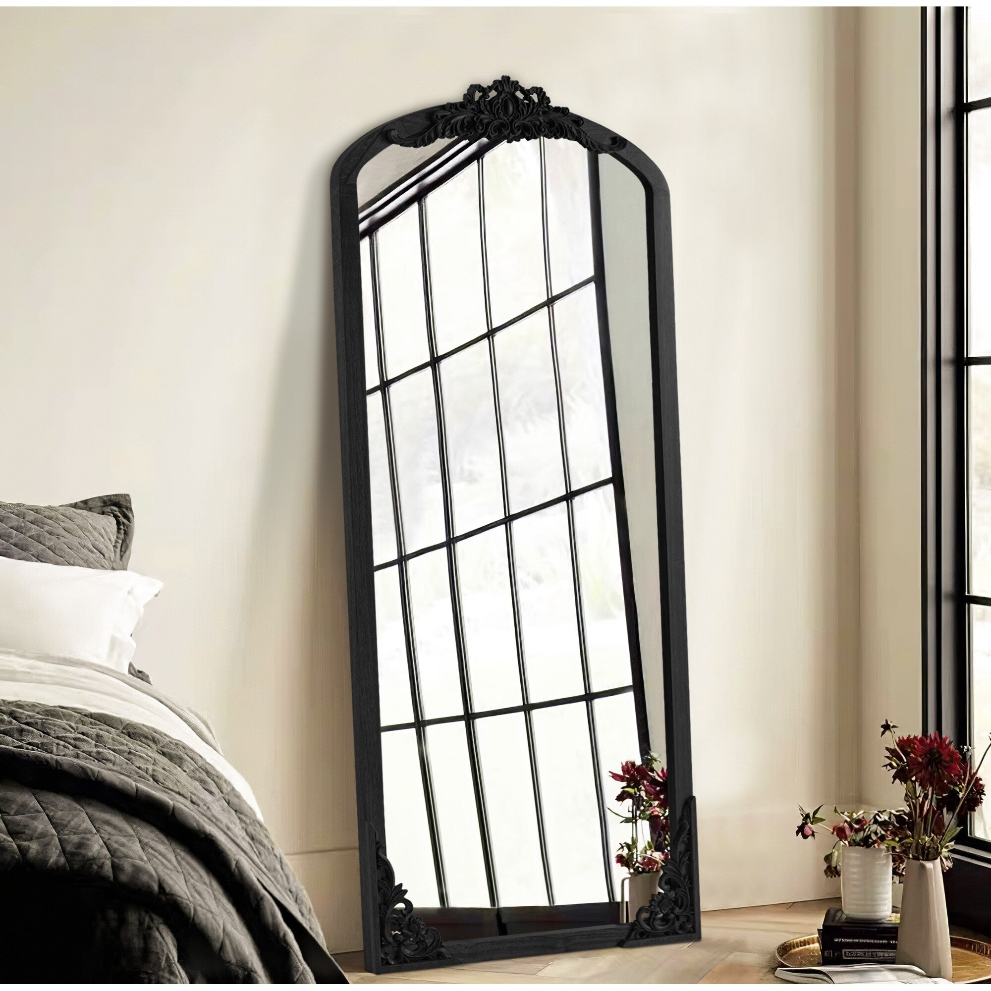 Arched Full-Length Solid Wood Carving Floor Mirror