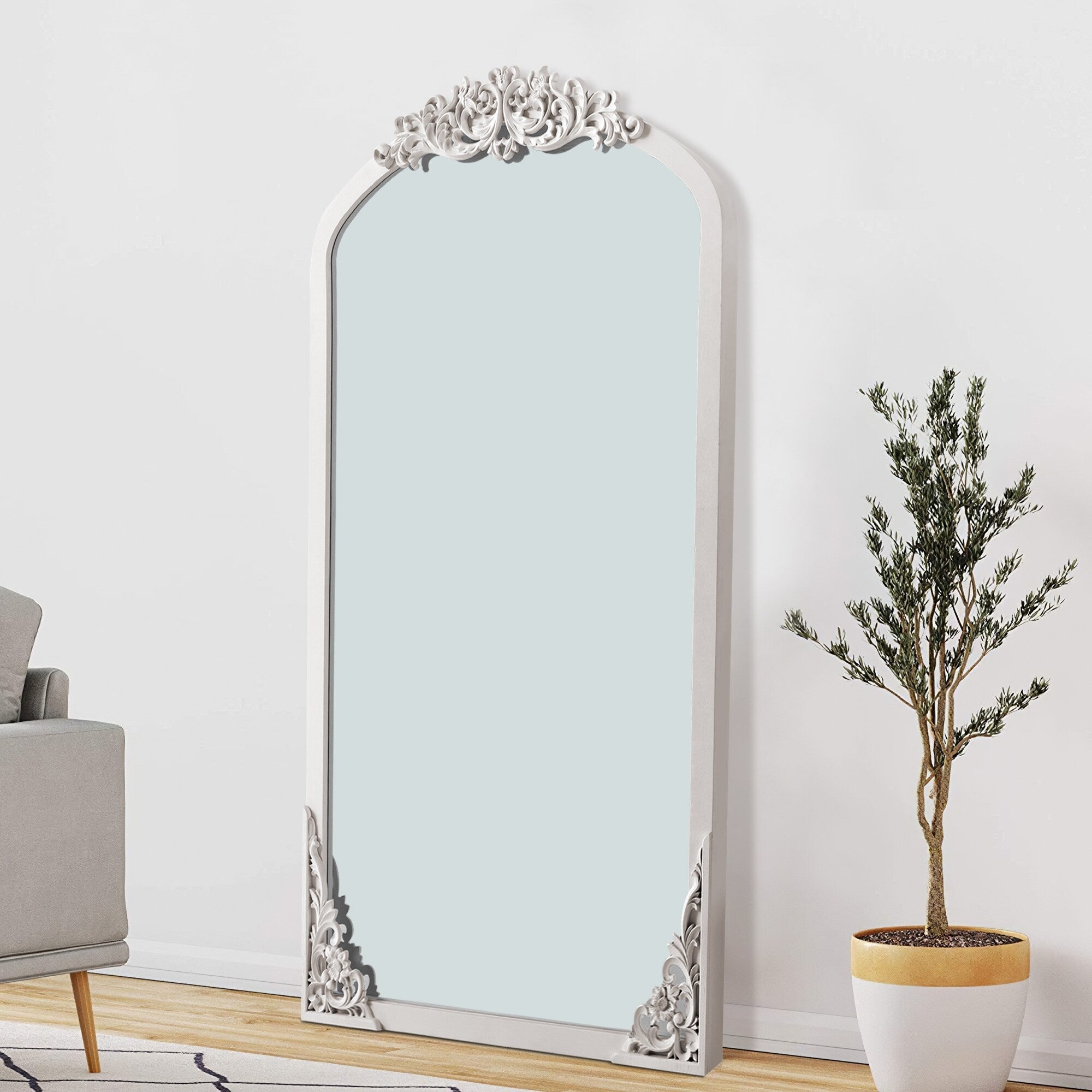 Arched Full-Length Solid Wood Carving Floor Mirror