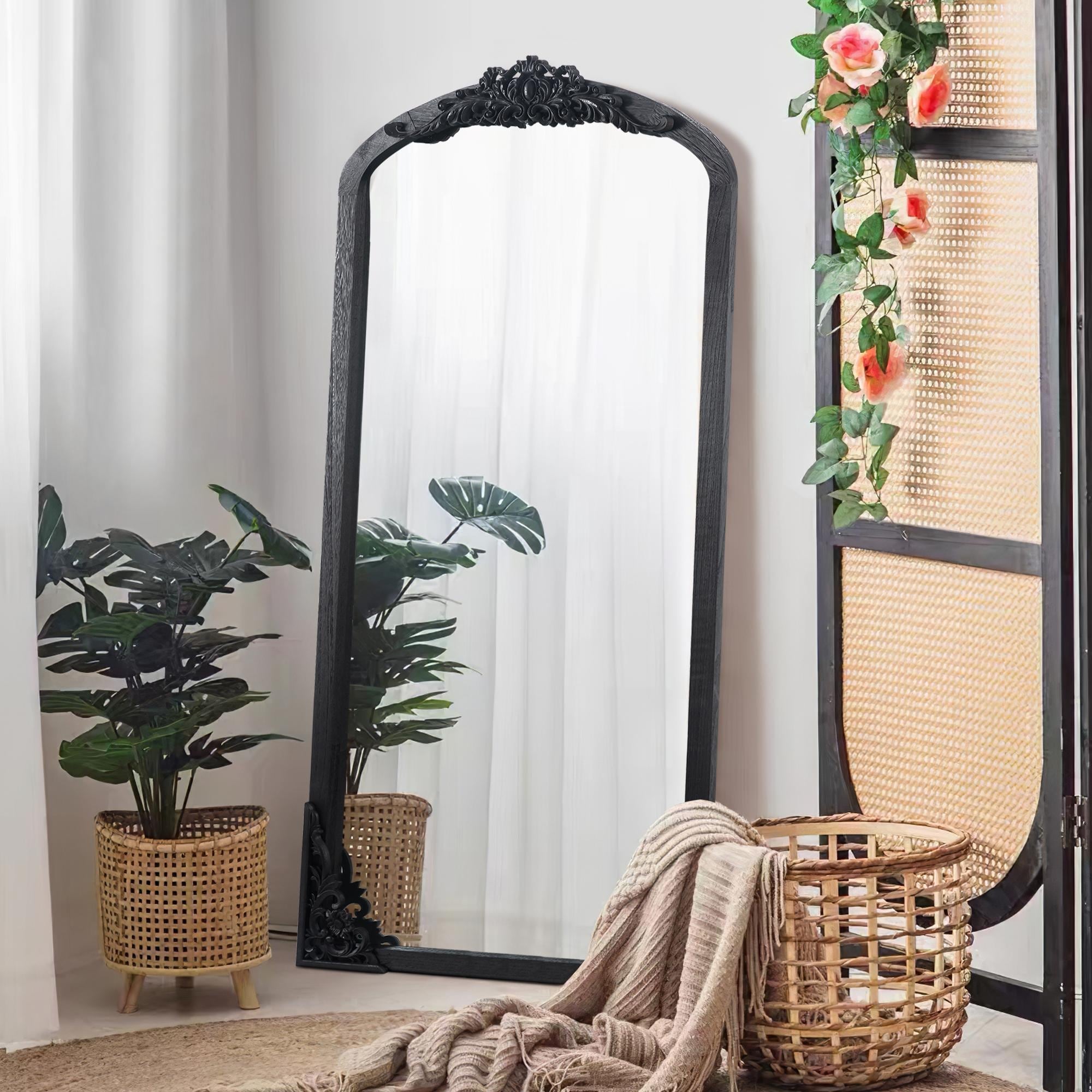 Arched Full-Length Solid Wood Carving Floor Mirror