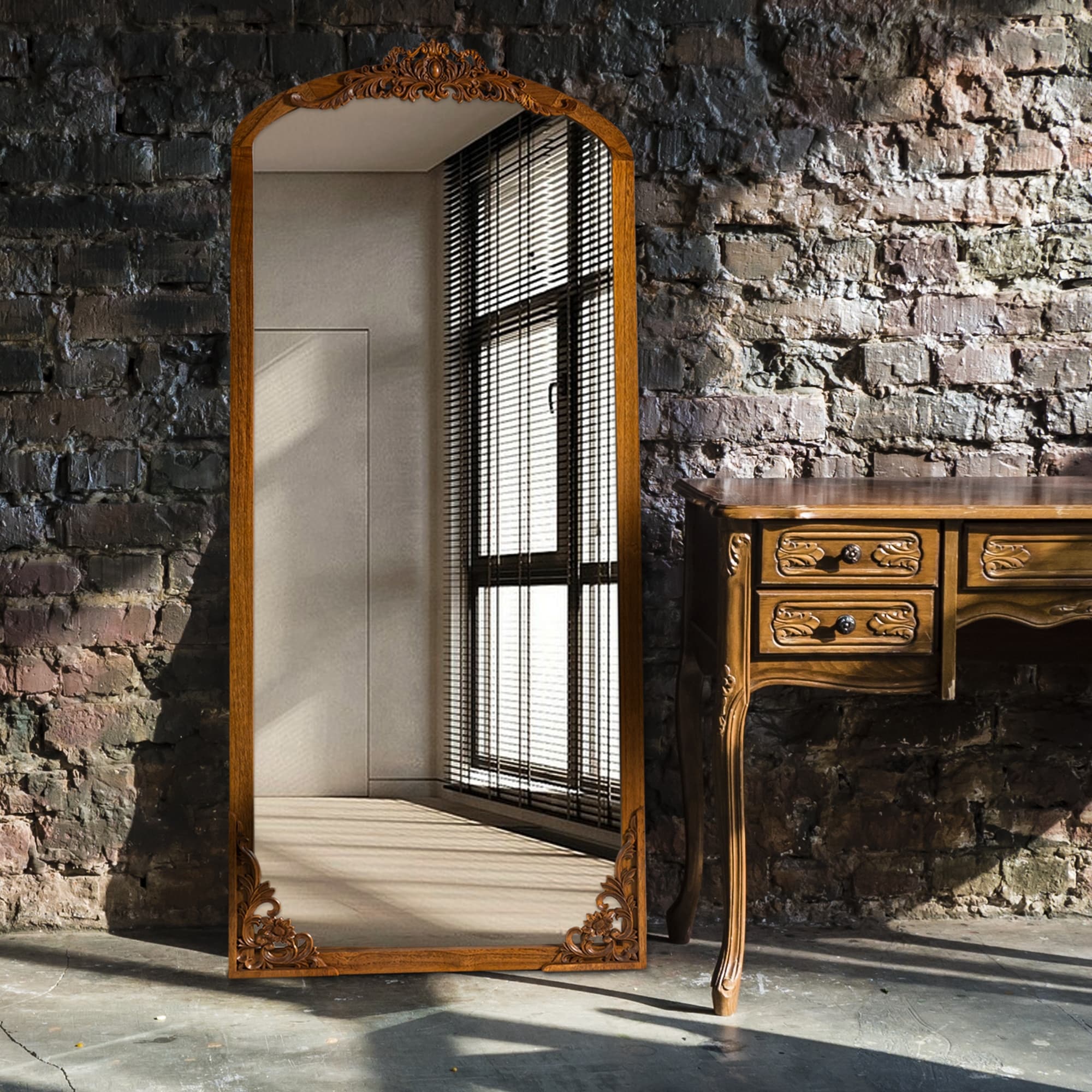 Arched Full-Length Solid Wood Carving Floor Mirror