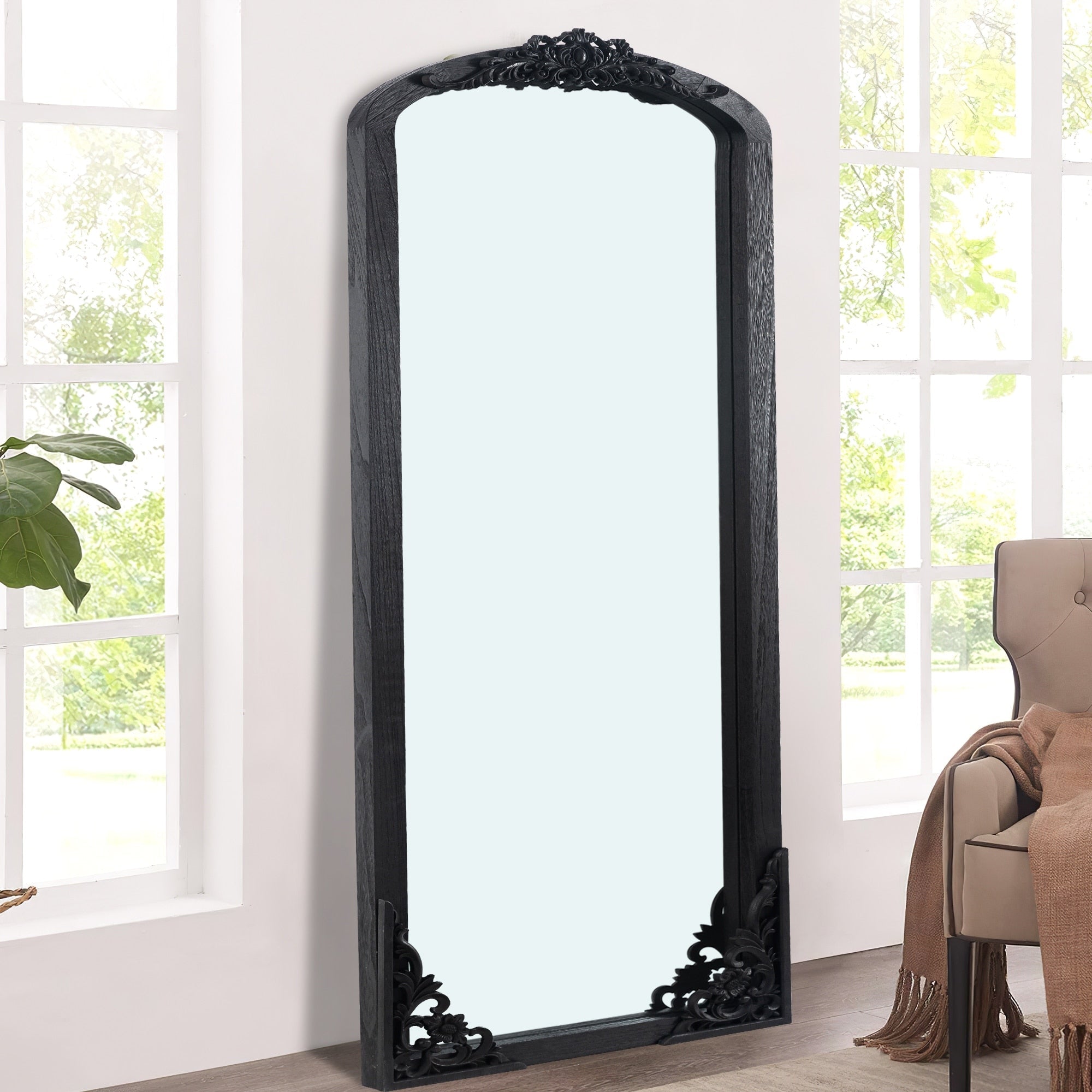 Arched Full-Length Solid Wood Carving Floor Mirror
