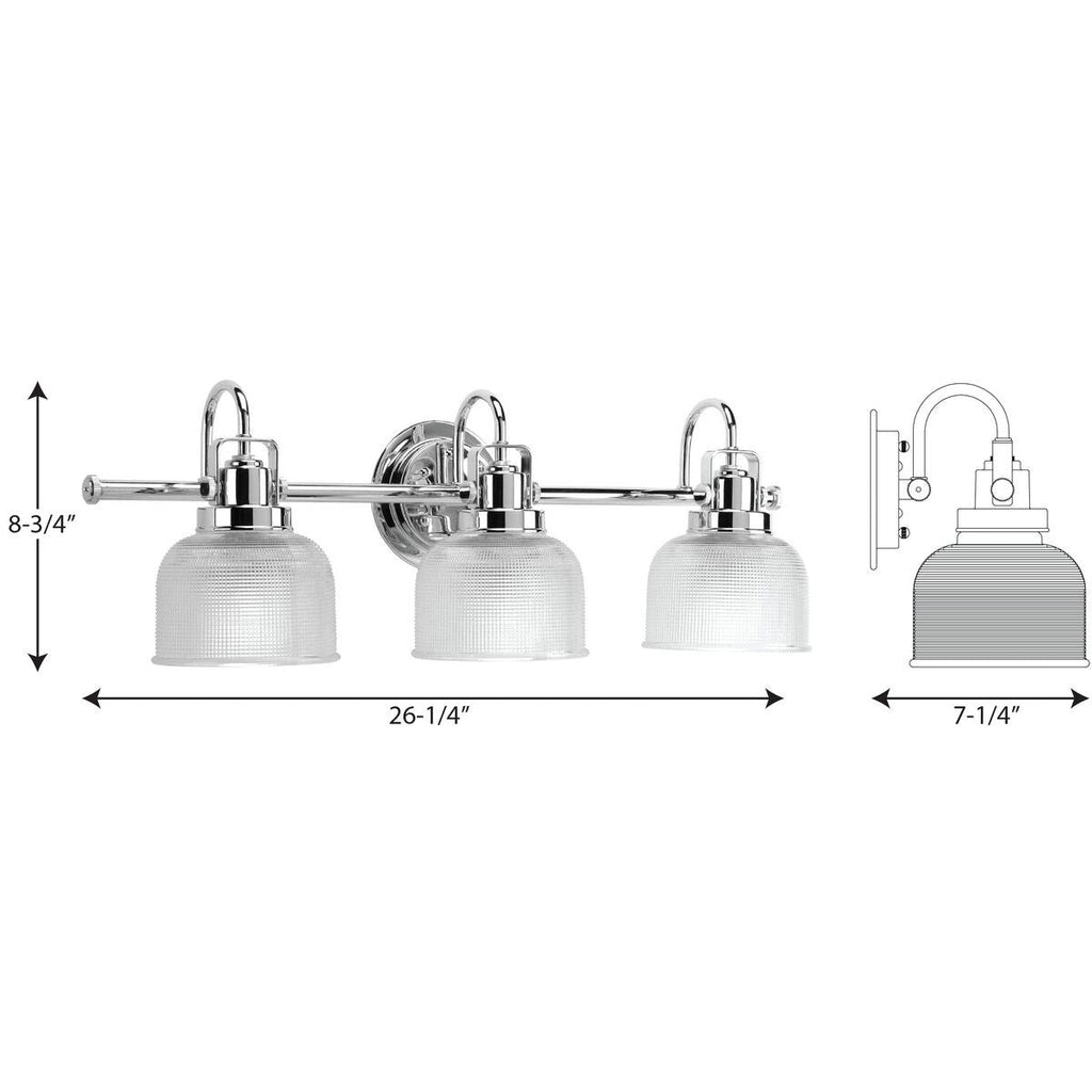 Archie Collection Three-Light Polished Chrome Clear Double Prismatic Glass Coastal Bath Vanity Light - 8.75 x 26.25 x 7.25