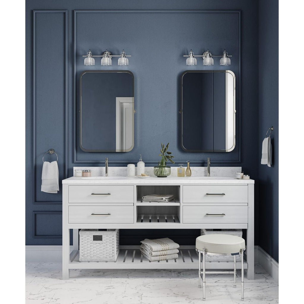 Archie Collection Three-Light Polished Chrome Clear Double Prismatic Glass Coastal Bath Vanity Light - 8.75 x 26.25 x 7.25