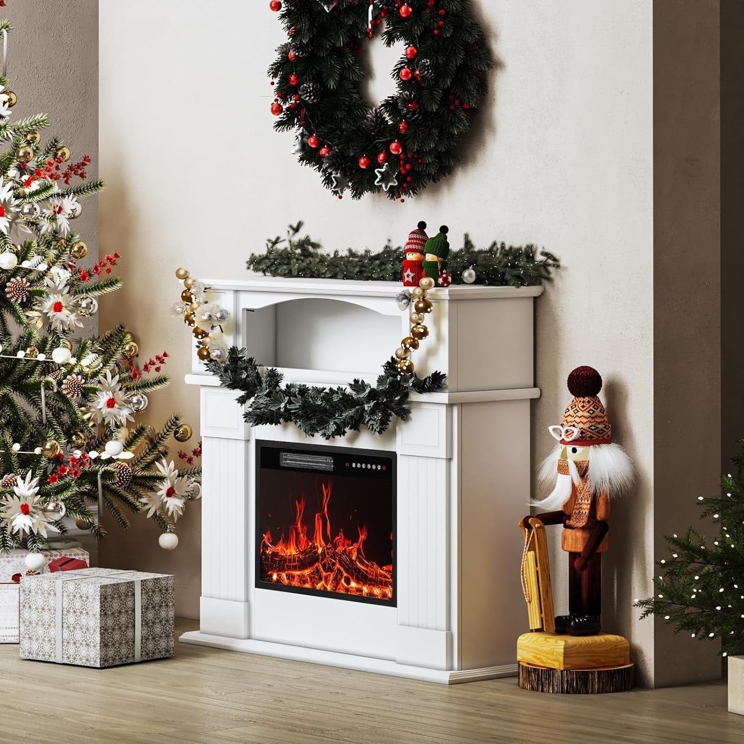 BOSSIN 43 Electric Fireplace with Mantel, 23 inch Electric Fireplace Insert,Freestanding TV Stand with Fireplace Wooden Firebox