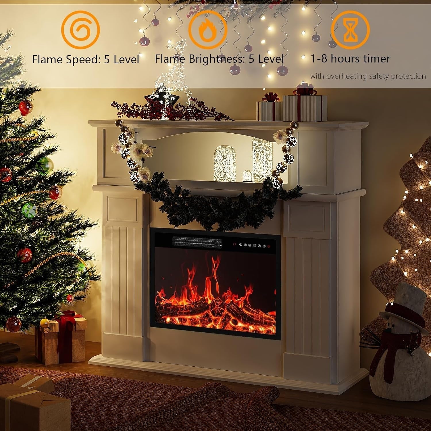 BOSSIN 43 Electric Fireplace with Mantel, 23 inch Electric Fireplace Insert,Freestanding TV Stand with Fireplace Wooden Firebox