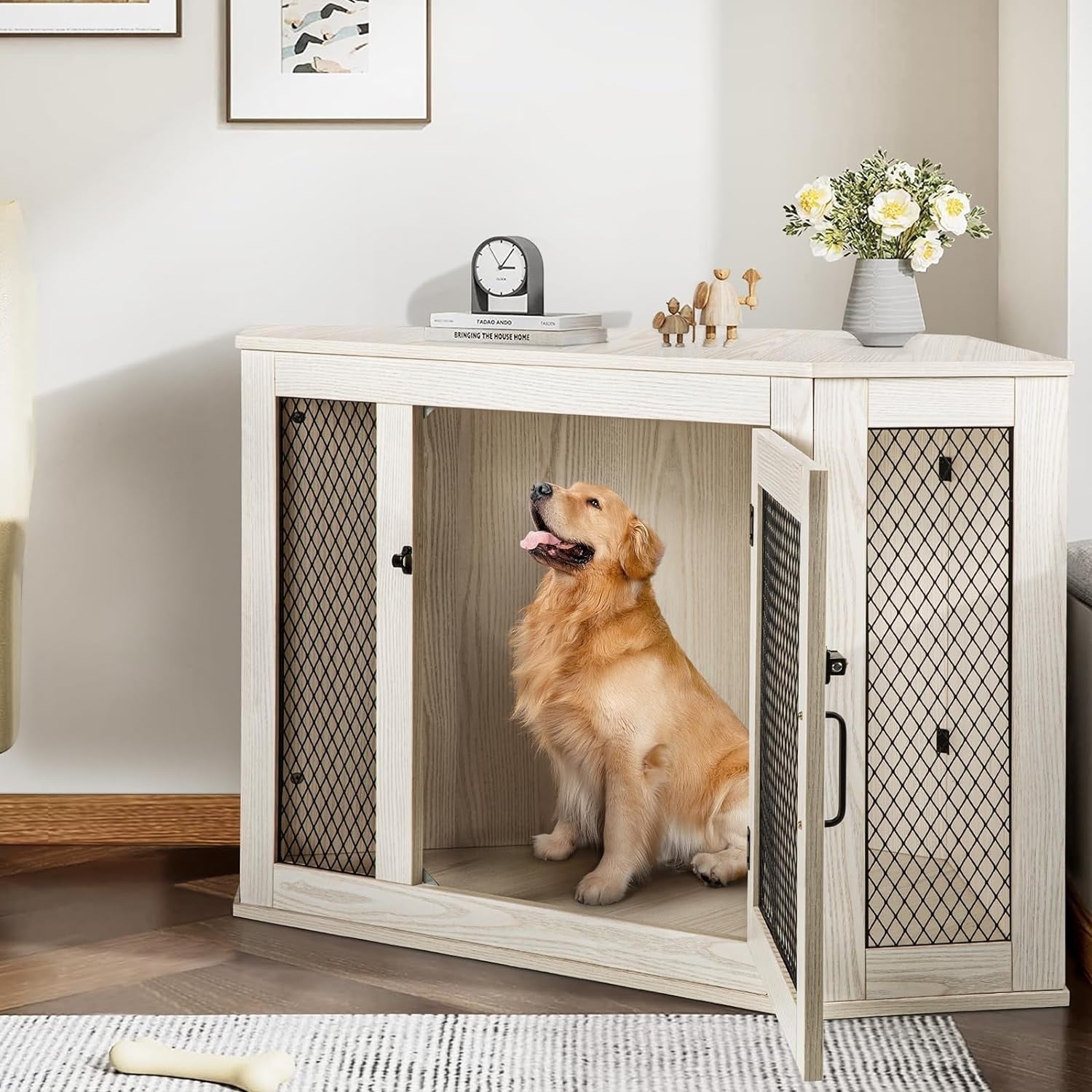 BOSSIN Corner Dog Crate Furniture,44/52 inch Wooden Dog Kennel Furniture with Mesh,Decorative Wood Dog House for Indoor use