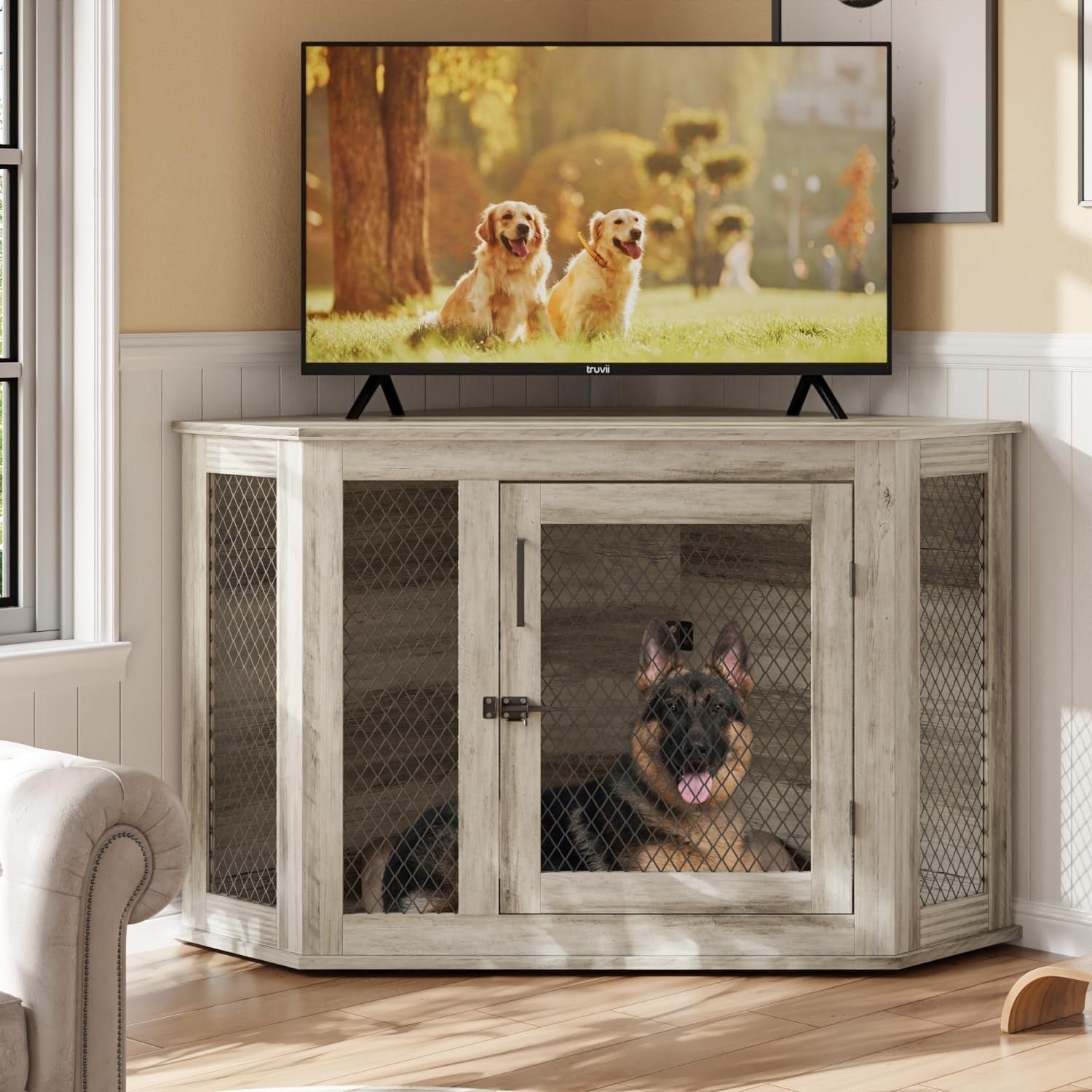 BOSSIN Corner Dog Crate Furniture,44/52 inch Wooden Dog Kennel Furniture with Mesh,Decorative Wood Dog House for Indoor use