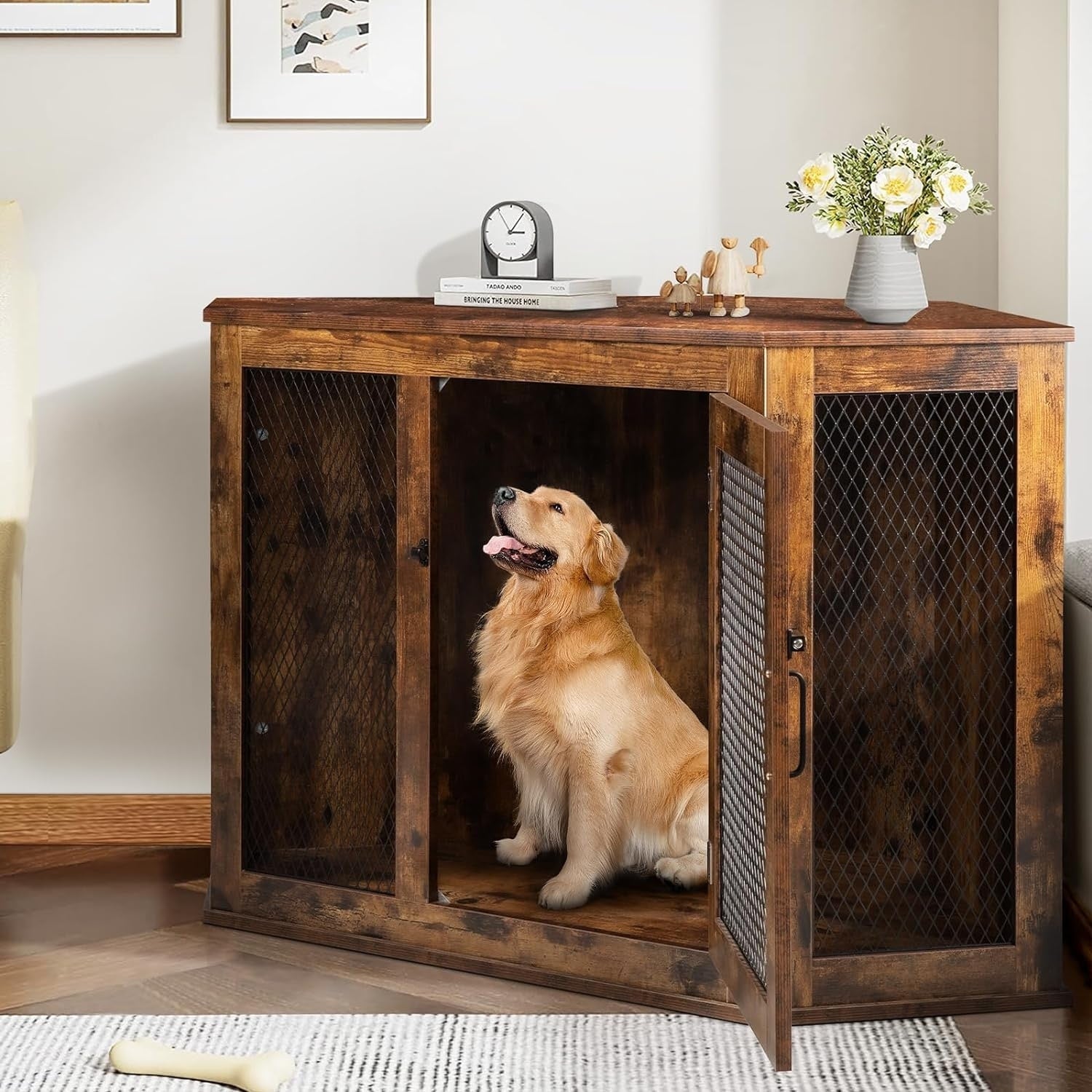 BOSSIN Corner Dog Crate Furniture,44/52 inch Wooden Dog Kennel Furniture with Mesh,Decorative Wood Dog House for Indoor use