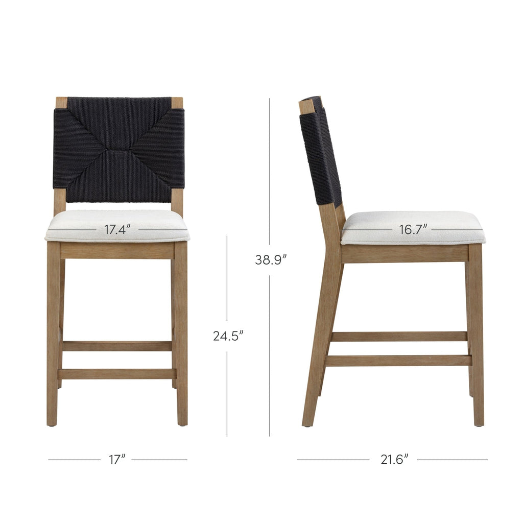 Beacon Bohemian Boucle Bar Stool, Upholstered Counter Height Chair with Solid Wood Frame and Woven Seagrass Back